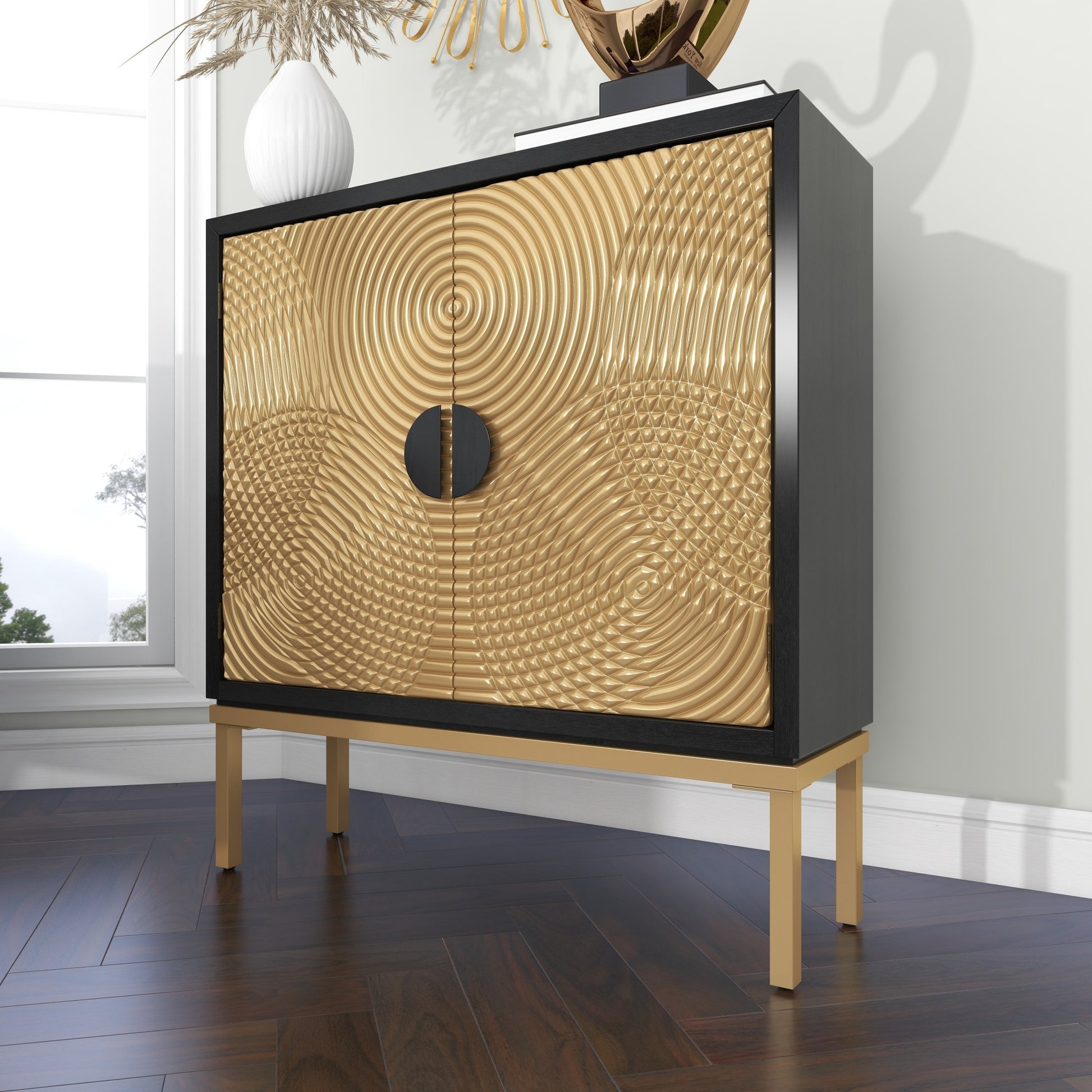 Geometric Bronze Wood Relief Ripple Design 2 Door Room Cabinet with Crescent Moon Handles