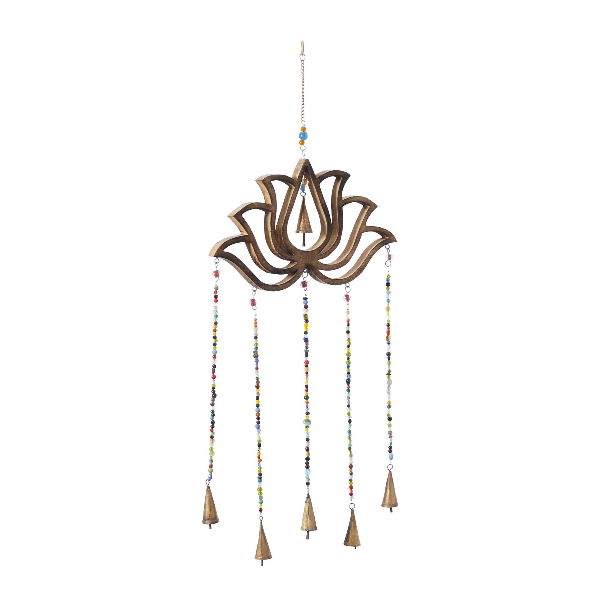 Floral Brown Mango Wood Handmade Lotus Indoor Outdoor Windchime with Glass Beads and Cone Bells
