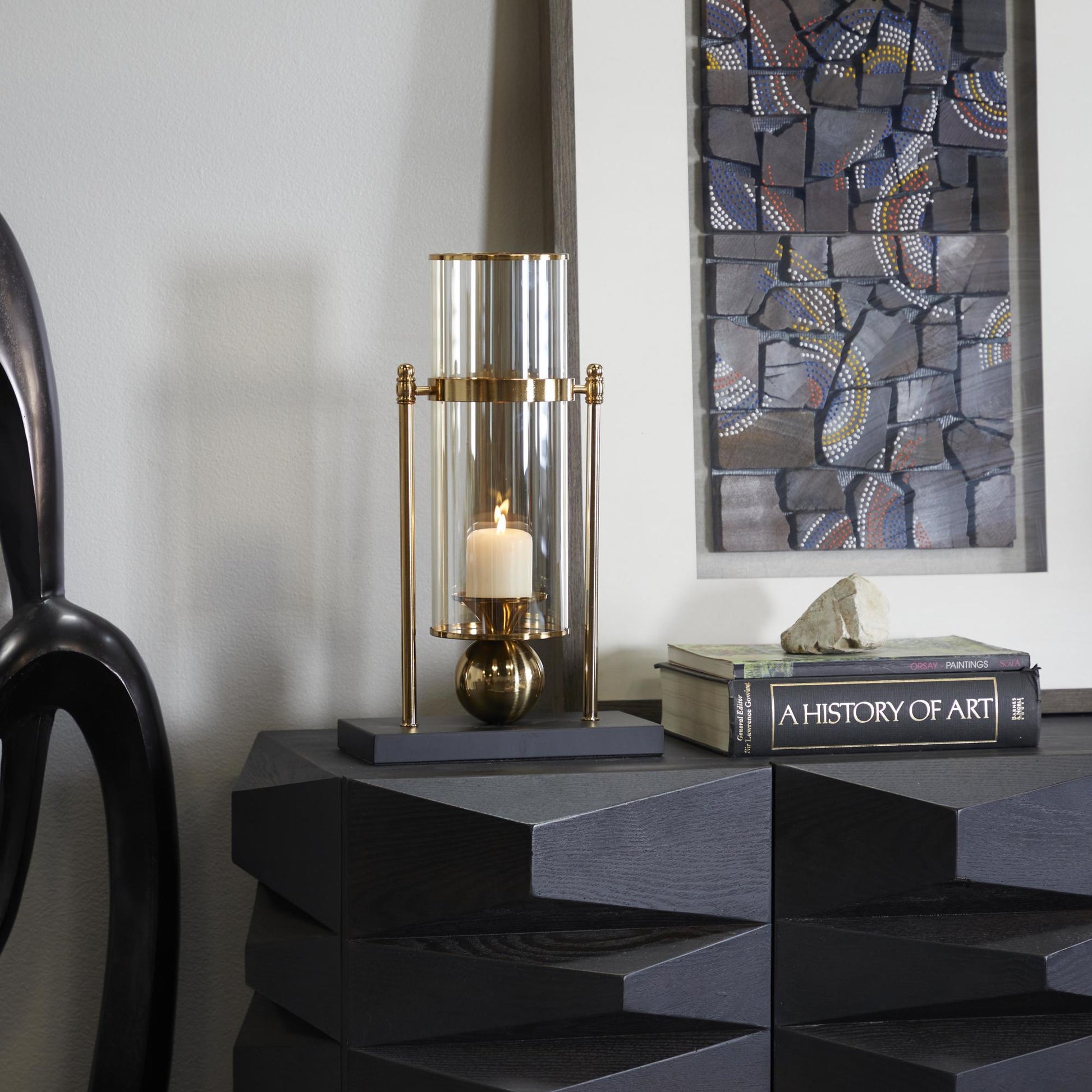 CosmoLiving by Cosmopolitan Gold Metal Iridescent Pillar Room Hurricane Lamp with Ball Accent and Black Base