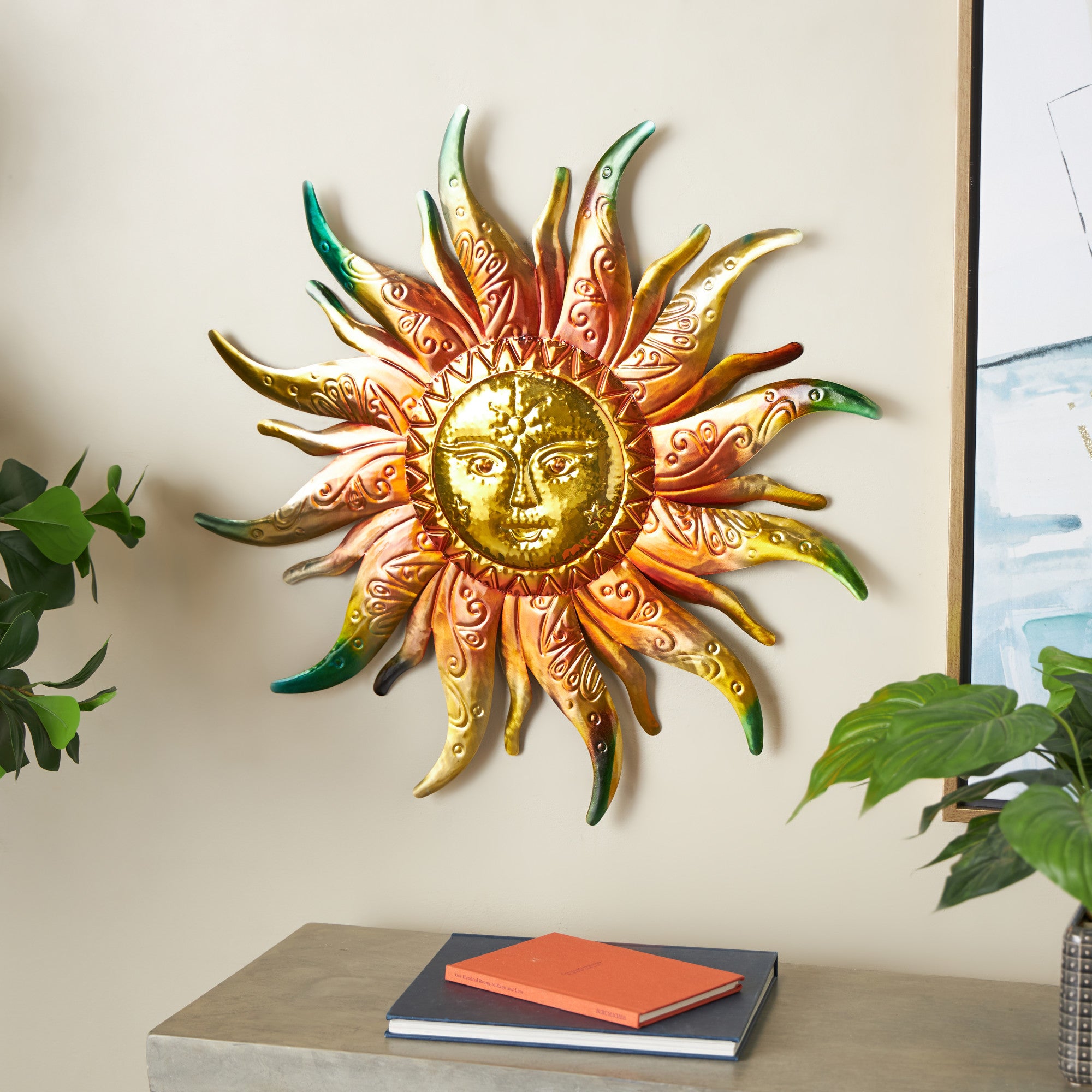 Sun Gold Stainless Steel Metal Face Home Wall Decor with Red, Green, and Orange Accents