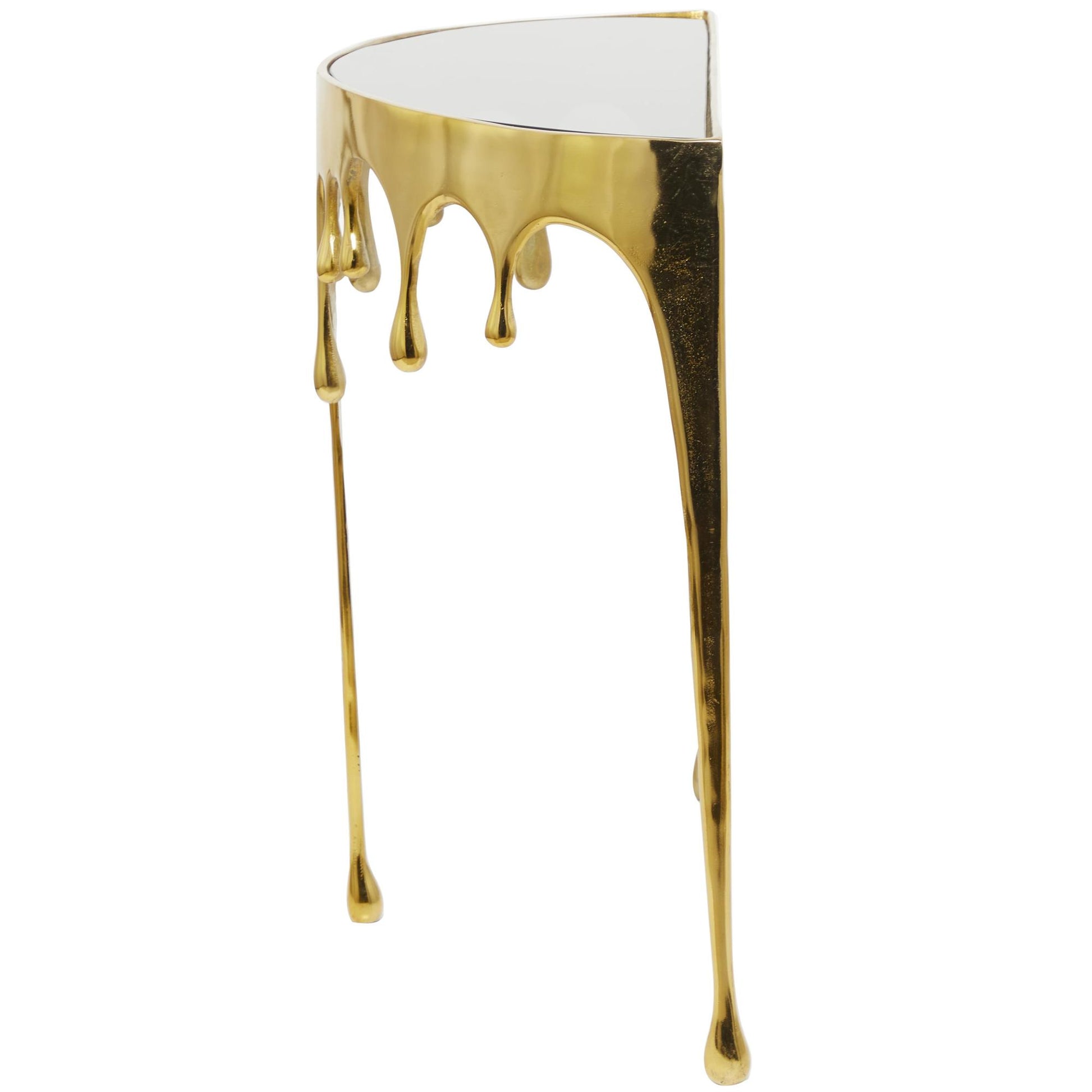 Abstract Aluminum Metal Crescent Drip Living Room Console Table with Melting Design Legs and Glass Top