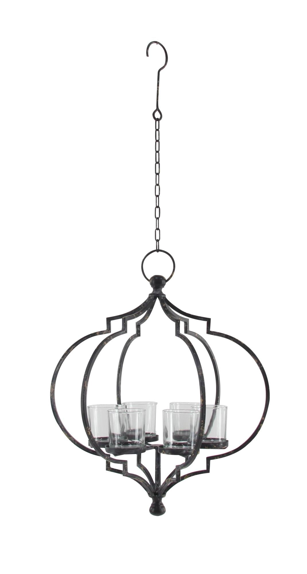 Black Metal Open Caged Hanging 6 Slot Decorative Candelabra with Distressing and Hook