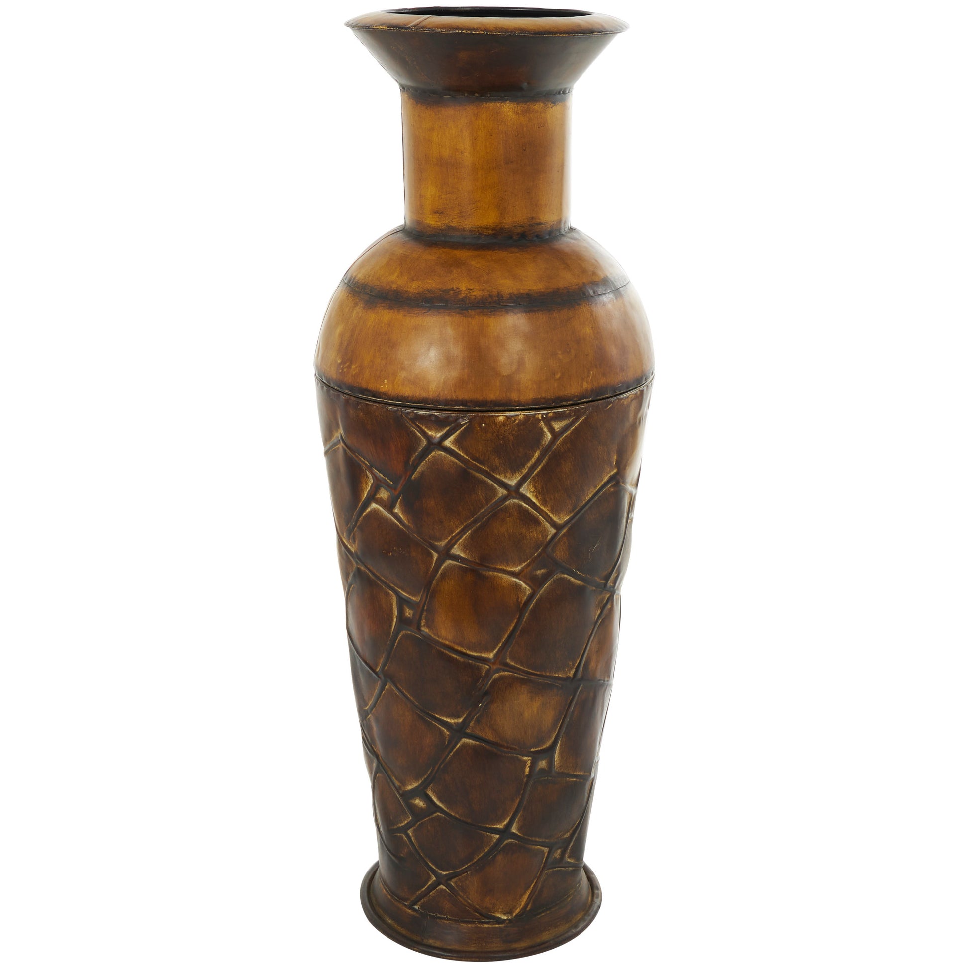 Set of 3 Brown Metal Indoor Outdoor Tall Floor Bottleneck Decorative Vase with Tortoise Shell Pattern