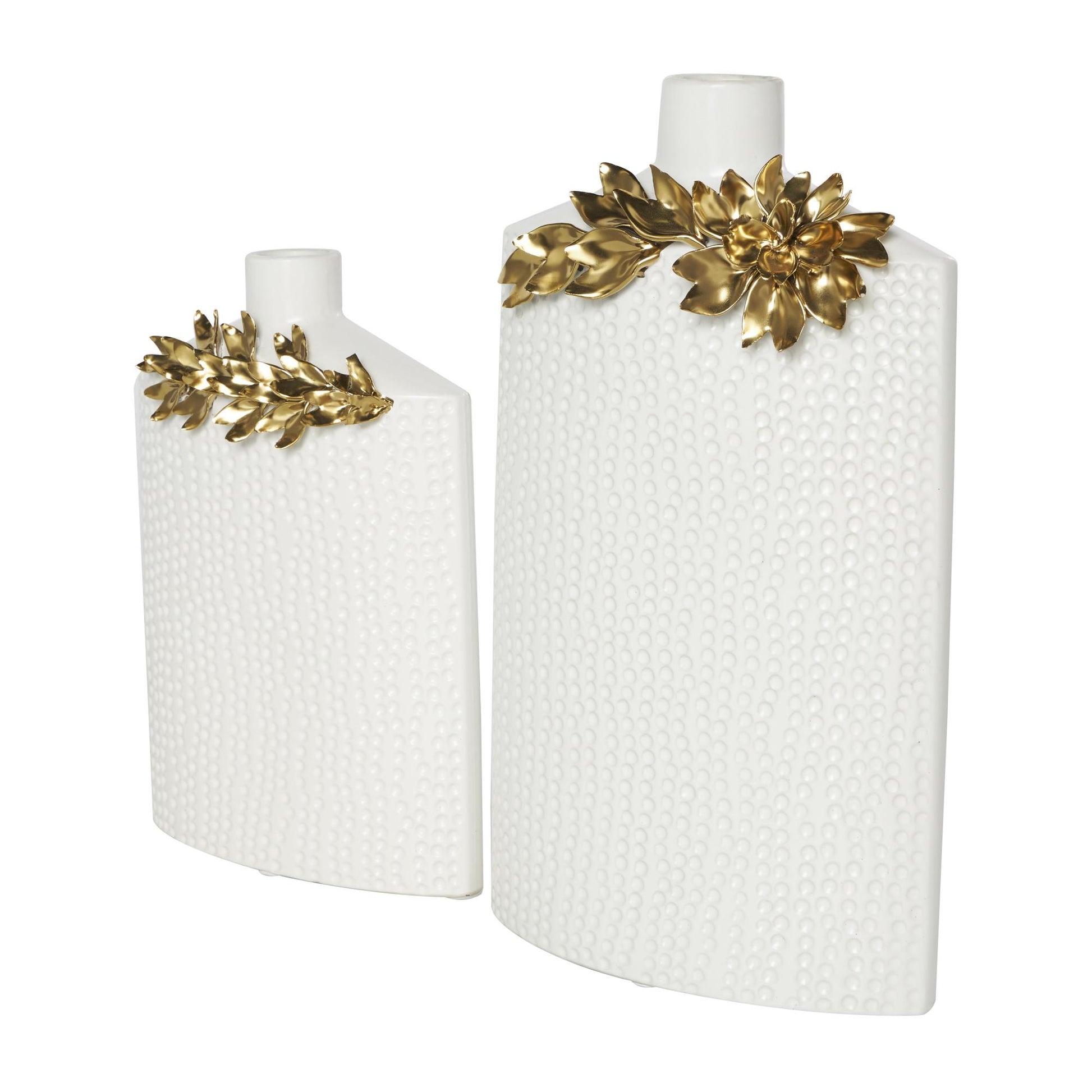 Set of 2 Leaf White Ceramic Decorative Vase with Abstract Spotted Pattern and Gold Accents