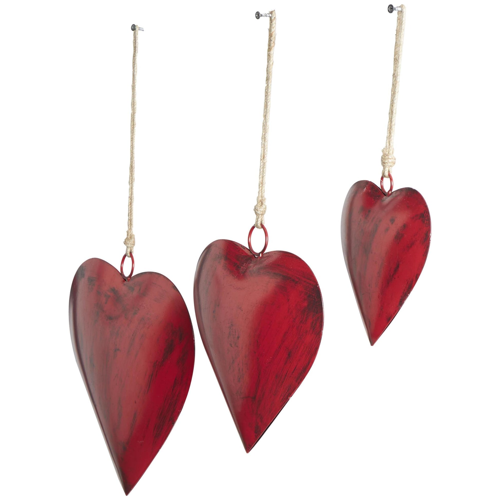 Set of 3 Heart Metal Tibetan Inspired Weathered Indoor Outdoor Decorative Bells with Jute Hanging Rope
