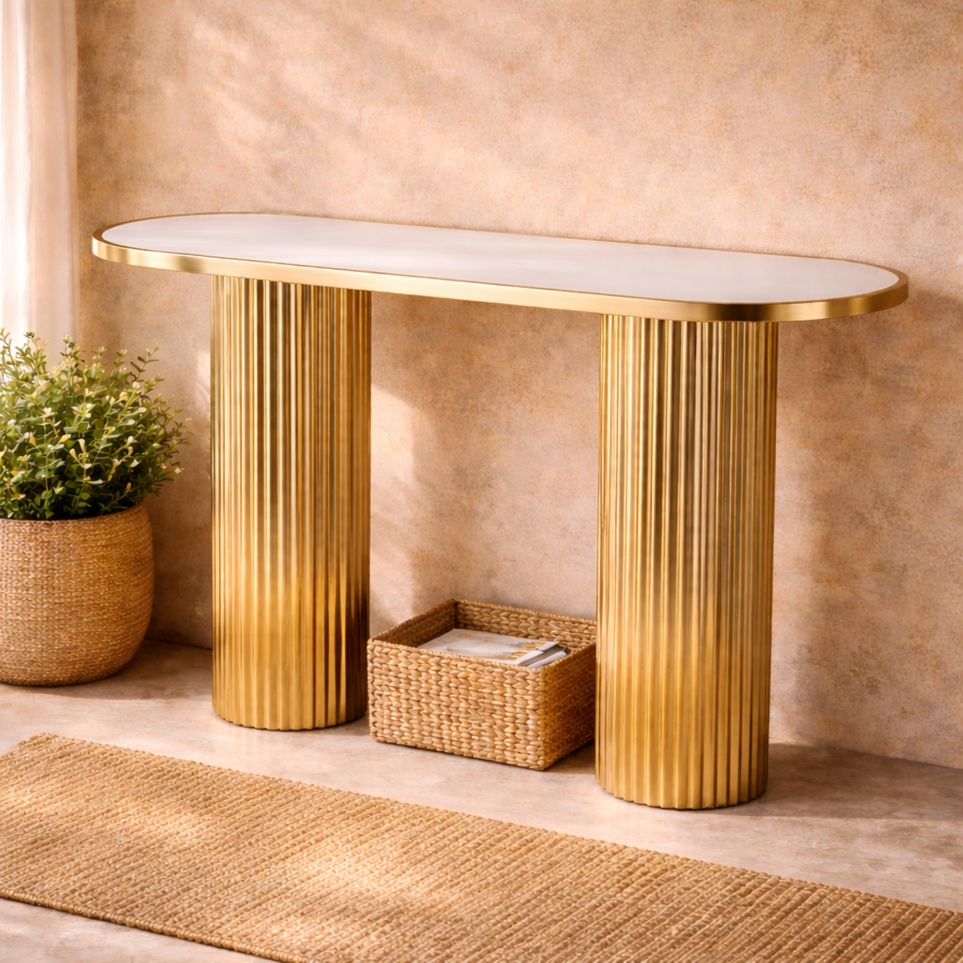 Metal Handmade Oval Living Room Console Table with Ribbed Legs