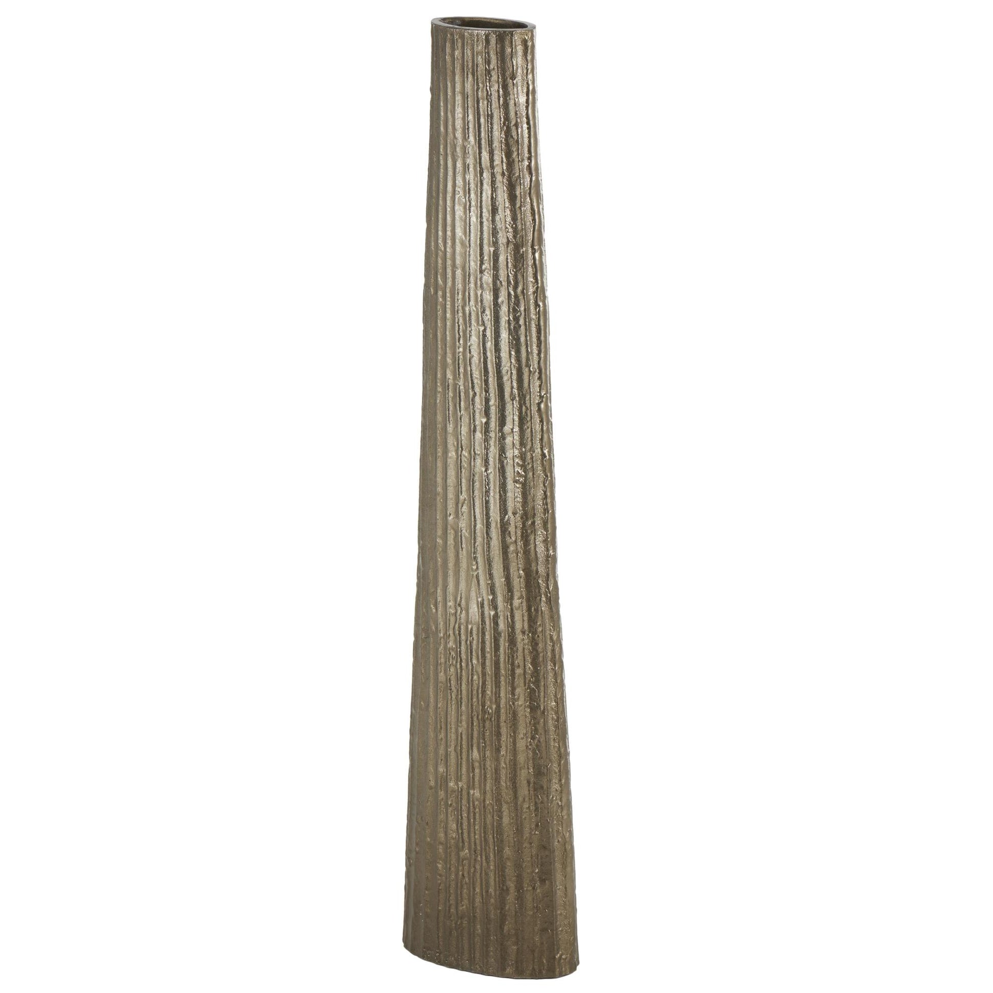 Brass Aluminum Metal Slim Flat Tall Floor Cone Decorative Vase with Textured Ridges