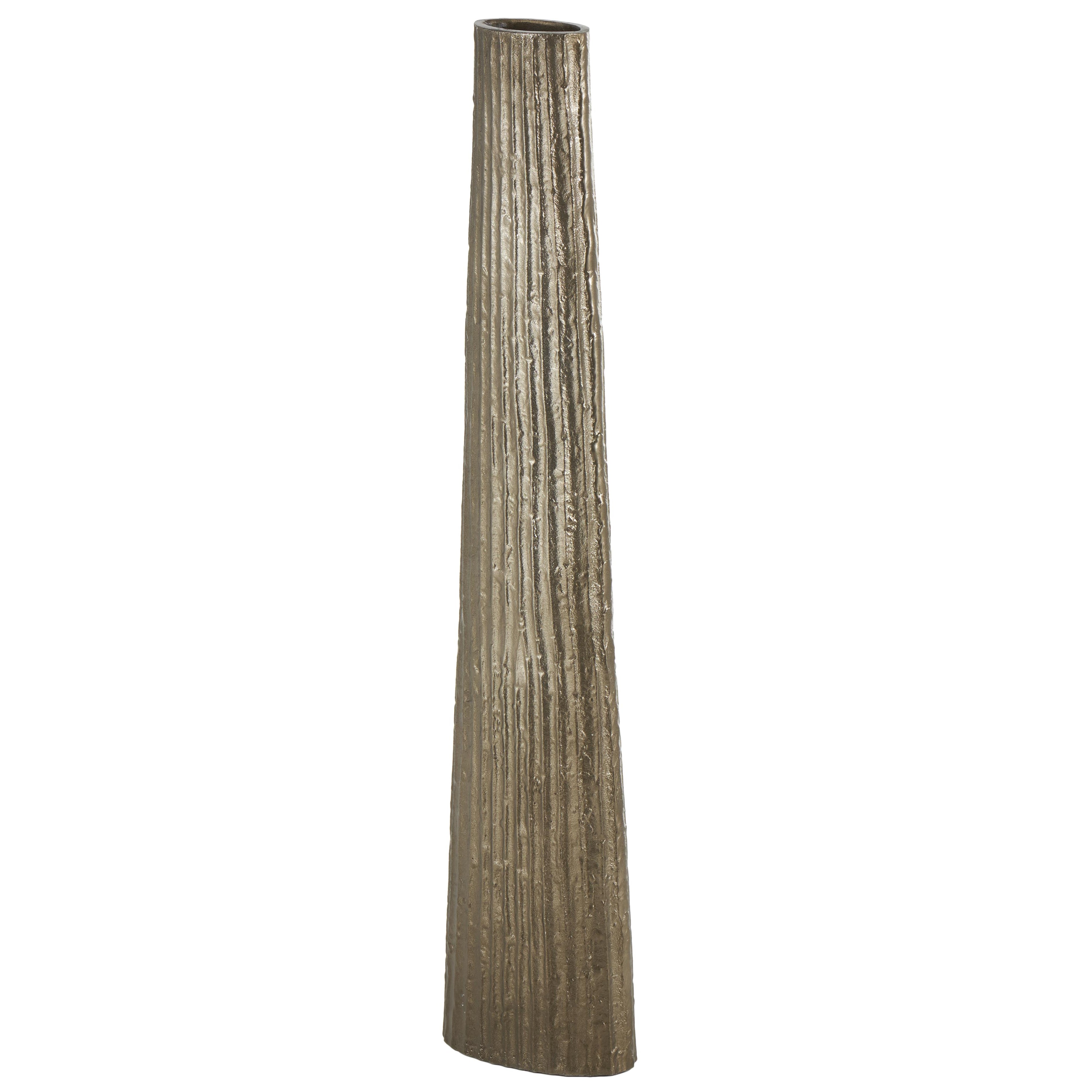 Brass Aluminum Metal Slim Flat Tall Floor Cone Decorative Vase with Textured Ridges