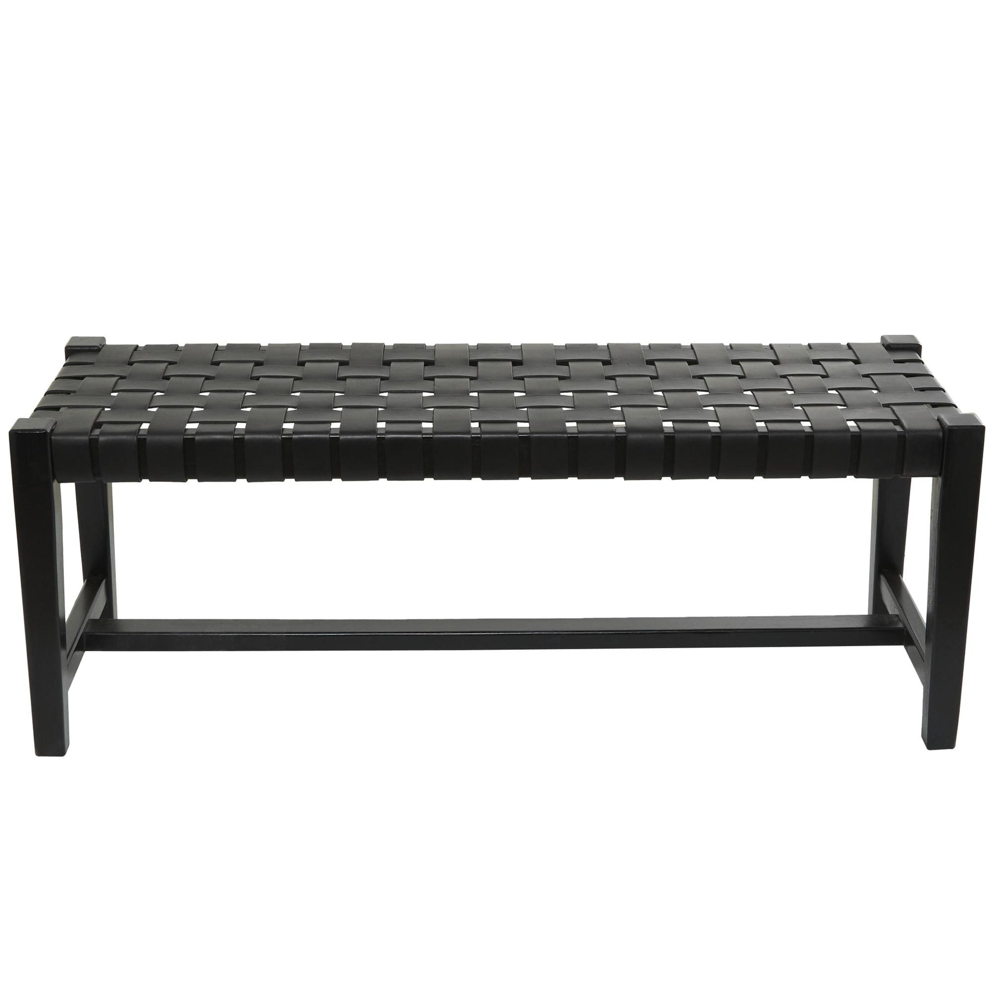 Black Leather Handmade Woven Home Bench with Teak Wood Frame
