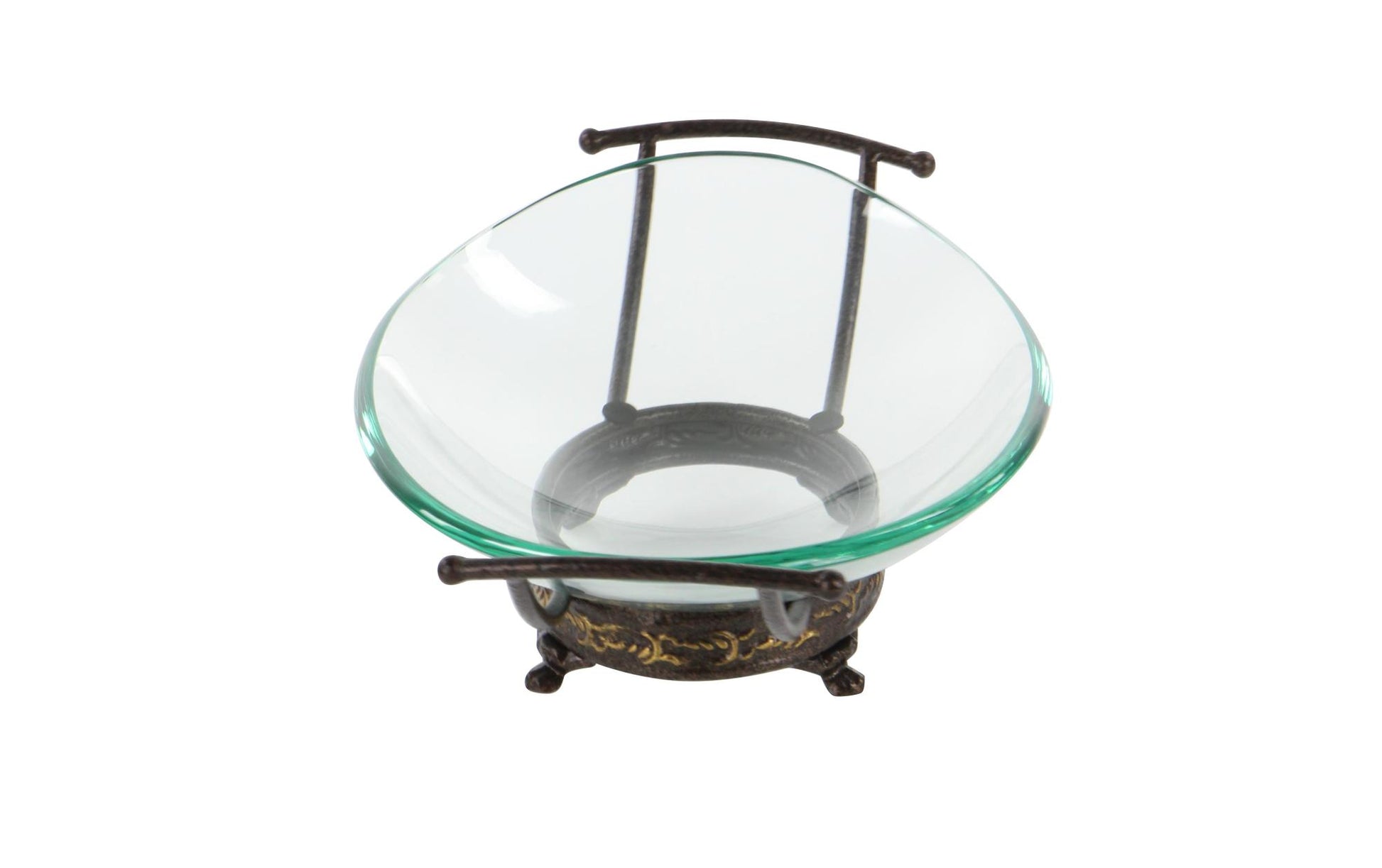 Kitchen Clear Tempered Glass Decorative Serving Bowl with Brown Metal Base