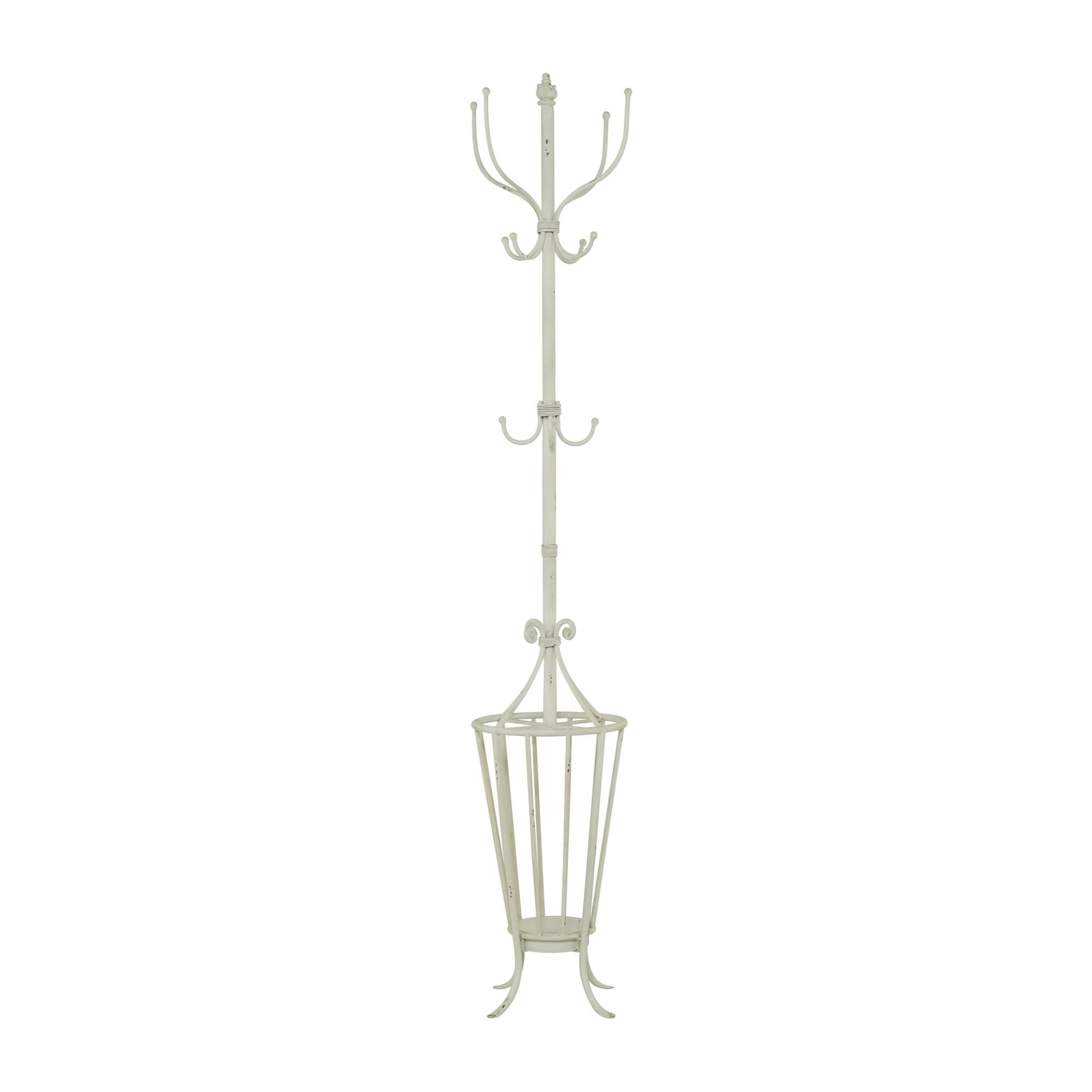Scroll White Metal Vintage Style 12 Hook Freestanding Coat Rack with Umbrella Storage Base