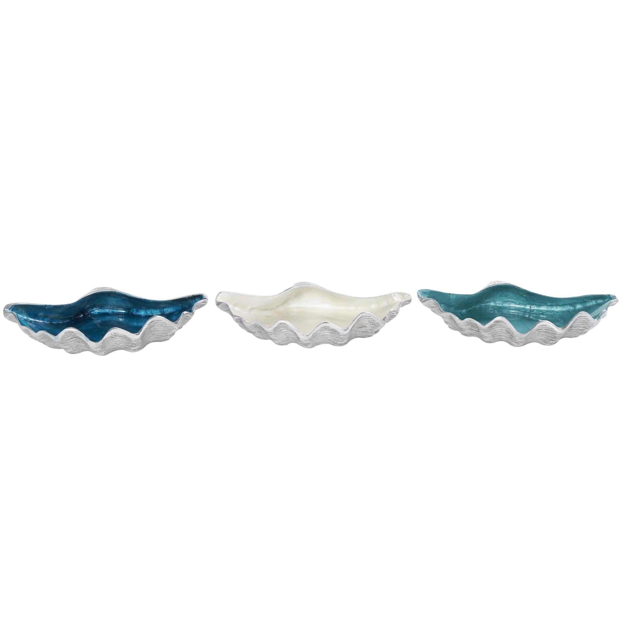 Set of 3 Shell Multi Colored Aluminum Metal Handmade Enameled Large Decorative Bowl with Textured Silver Bases