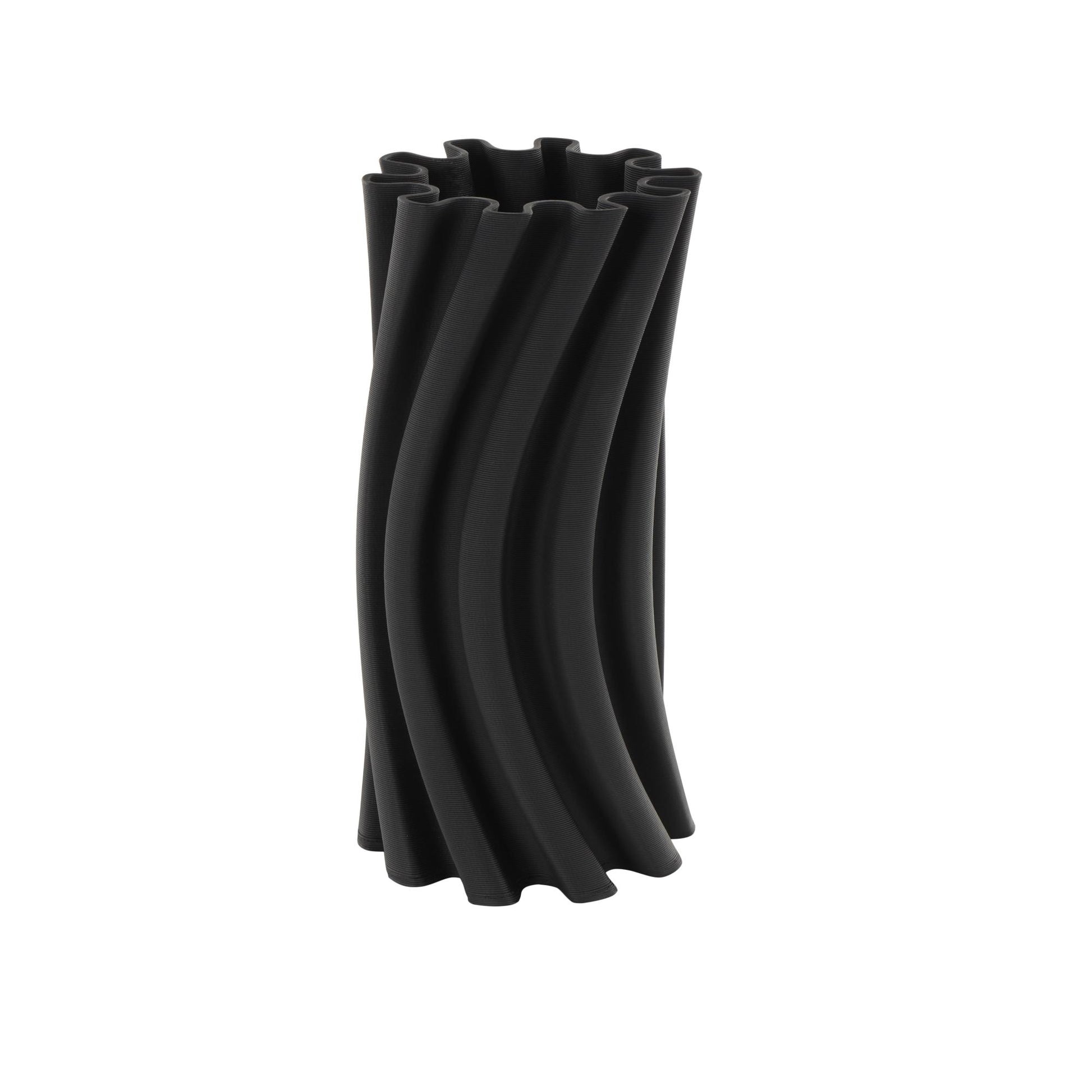 Abstract Black Ceramic Curvy Ribbed Decorative Vase with Floral Shaped Rim