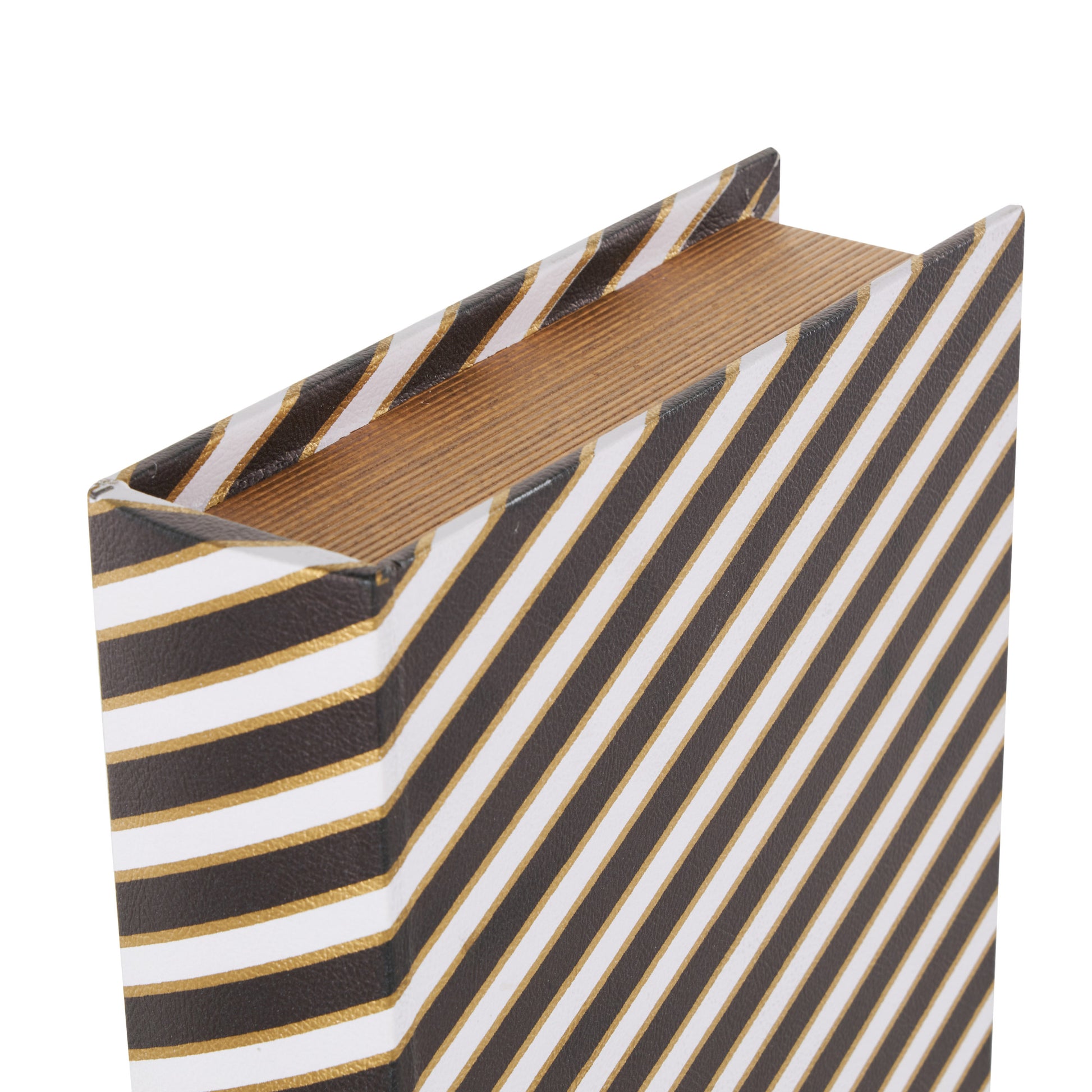 Set of 3 Black Faux Leather Striped Faux Book Storage Decorative Box with White and Metallic Gold Accents