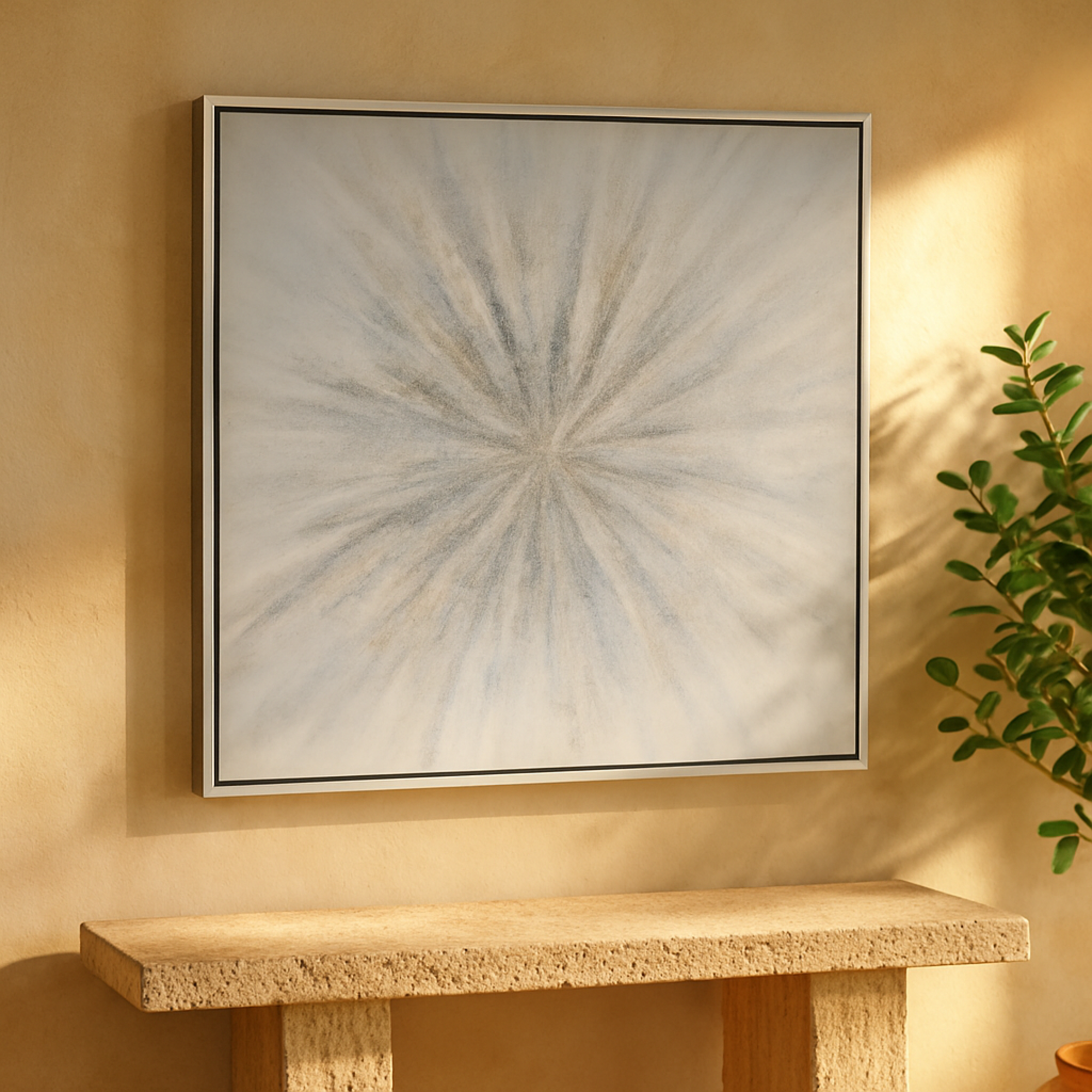 Starburst Blue Canvas Radial Living Room Framed Wall Art with Silver Frame