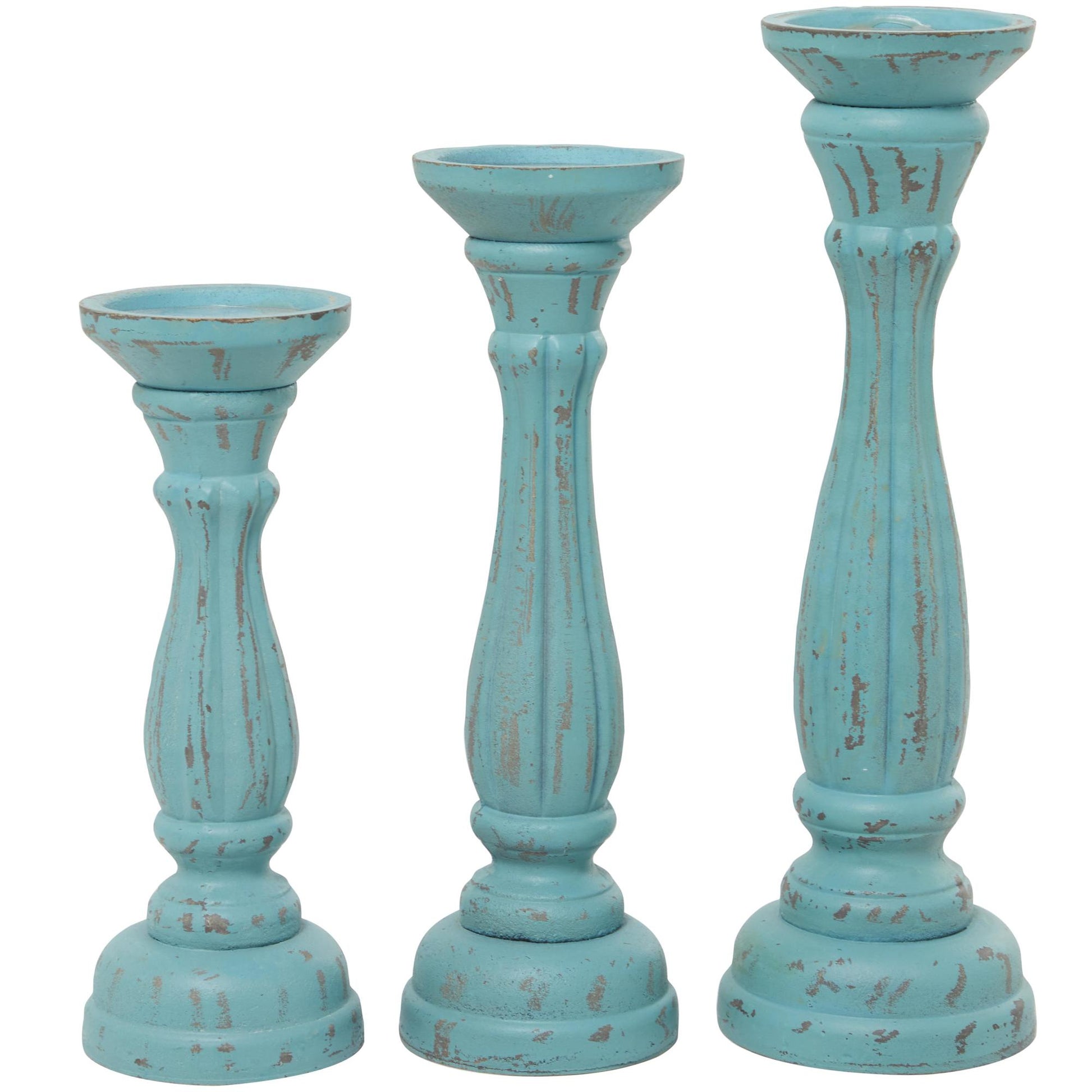 Set of 3 Wooden Distressed Turned Pillar Decorative Candle Holder