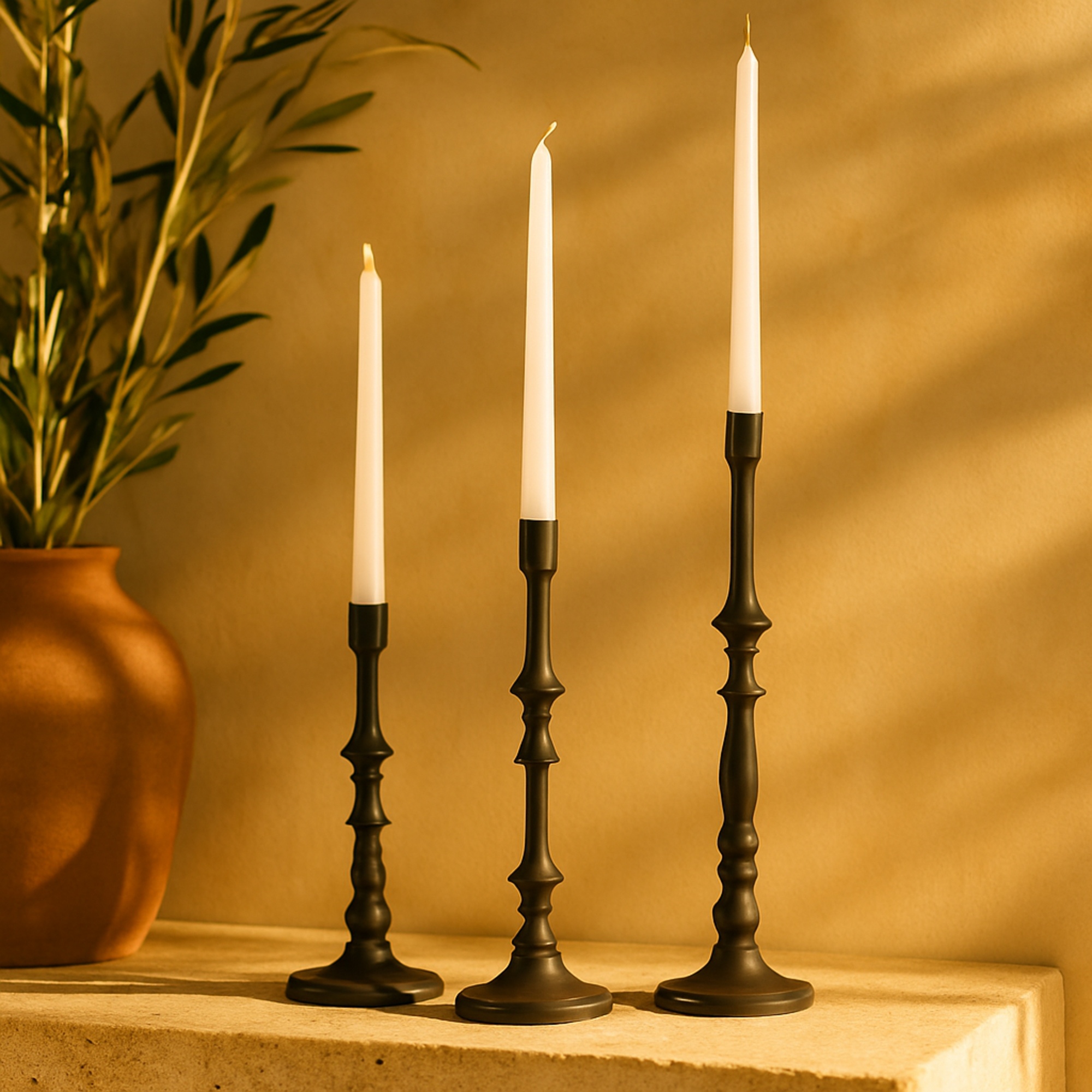 Black Metal Turned Style Decorative Candle Holder with Tapered Bases