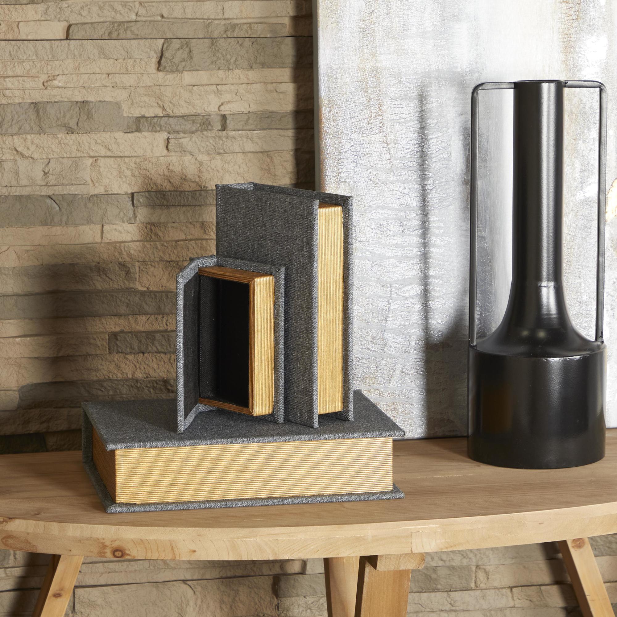 Set of 3 Linen Fabric Textured Faux Book Storage Decorative Box with Gold Page Detailing