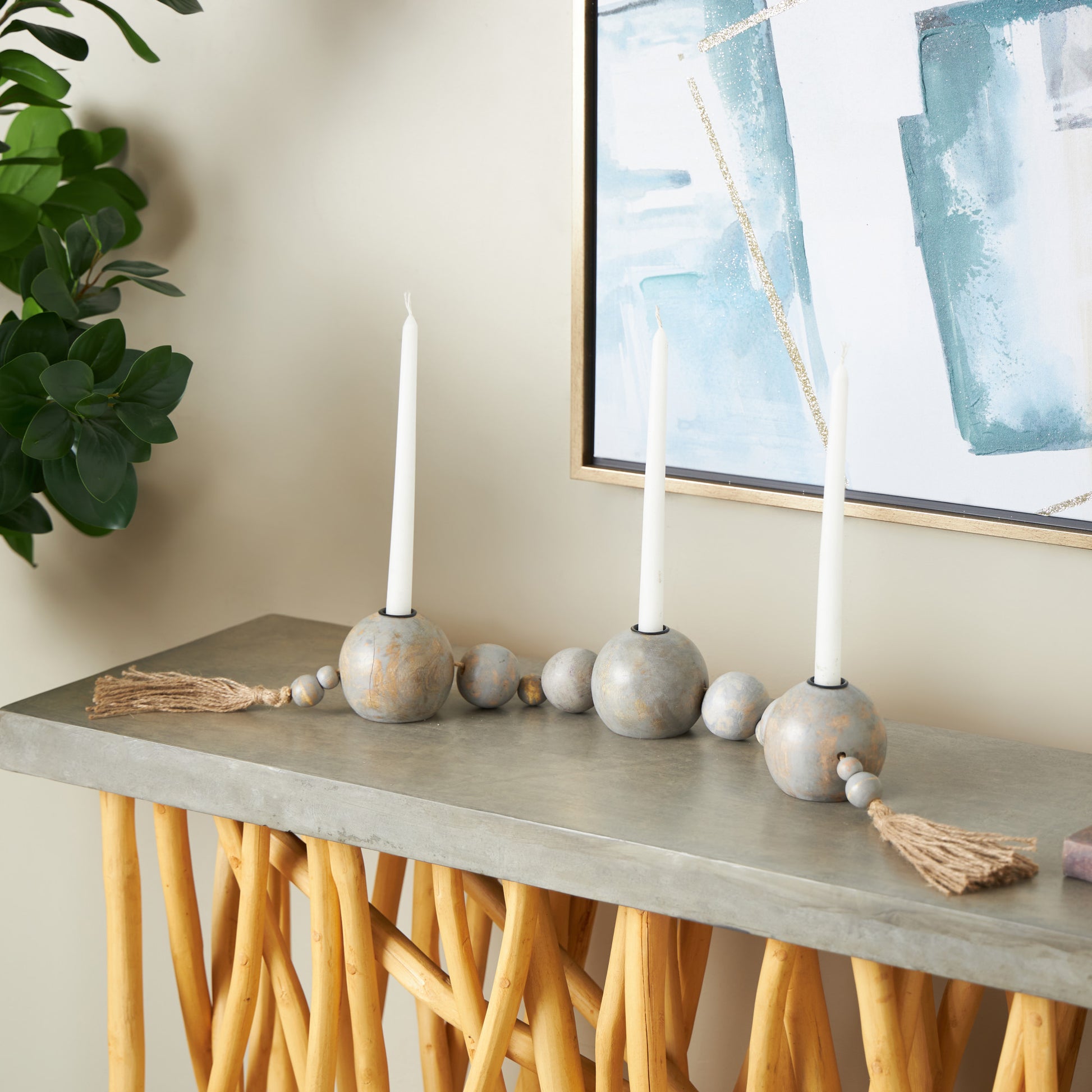 Mango Wood Handmade Garland Decorative Candle Holder with Brown Tassel