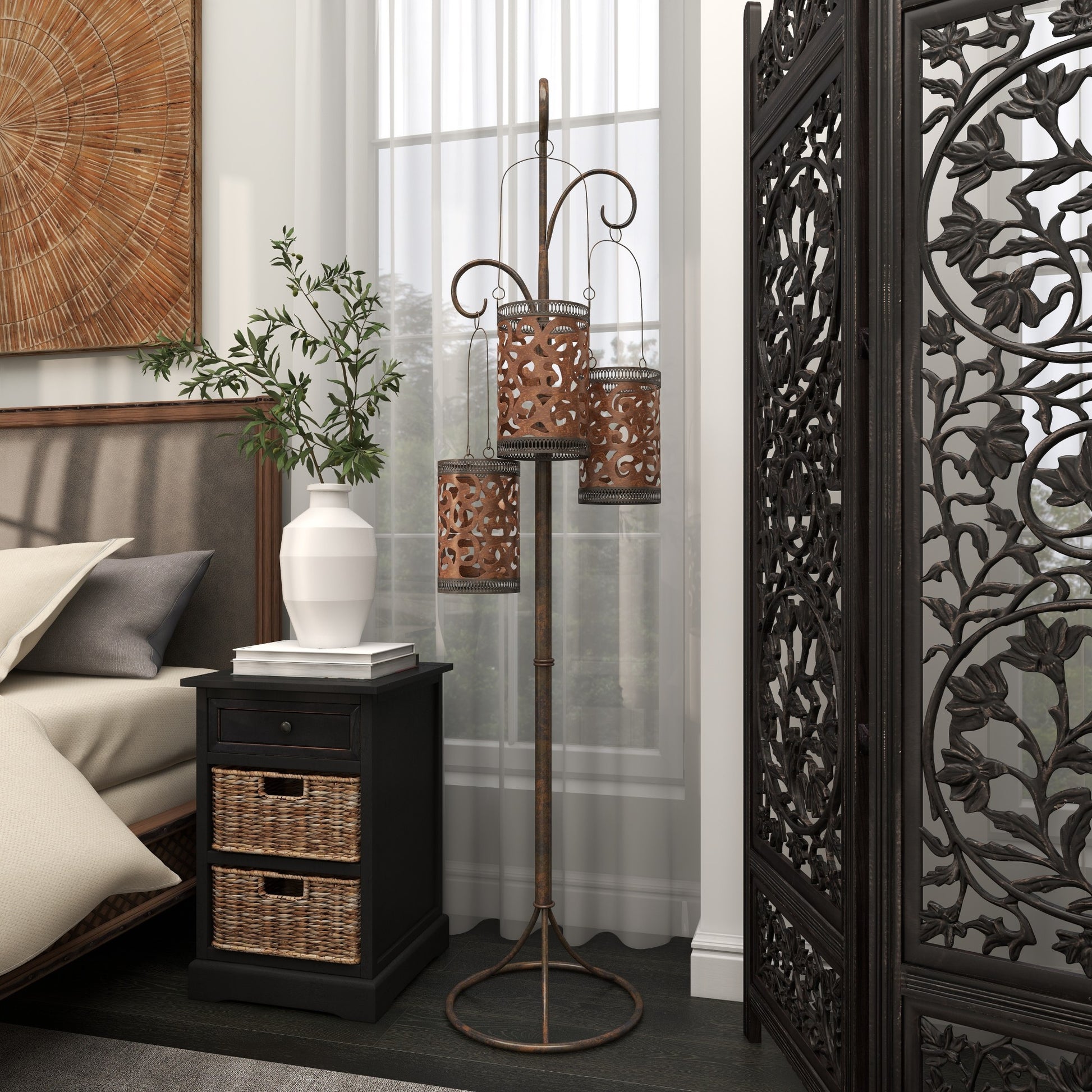 Scroll Brass Metal Perforated Moroccan Standing Floor Indoor Outdoor Candle Lantern with 3 Suspended Holders