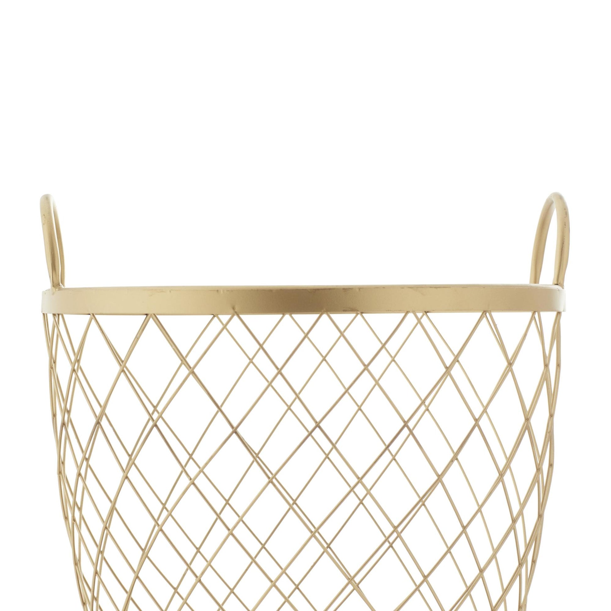 Set of 2 Gold Metal Mobile Wire Basket Mobile Storage Cart with Wood Interior