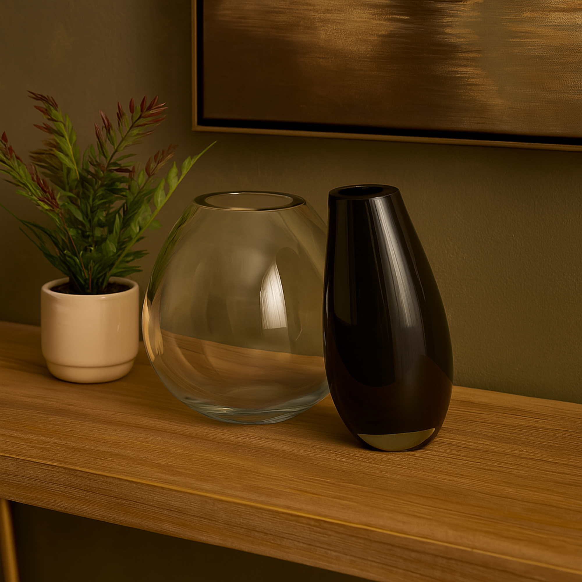 Abstract Black Recycled Glass Handmade Rounded 2 Opening 2 Opening Decorative Vase with Clear Glass Accent