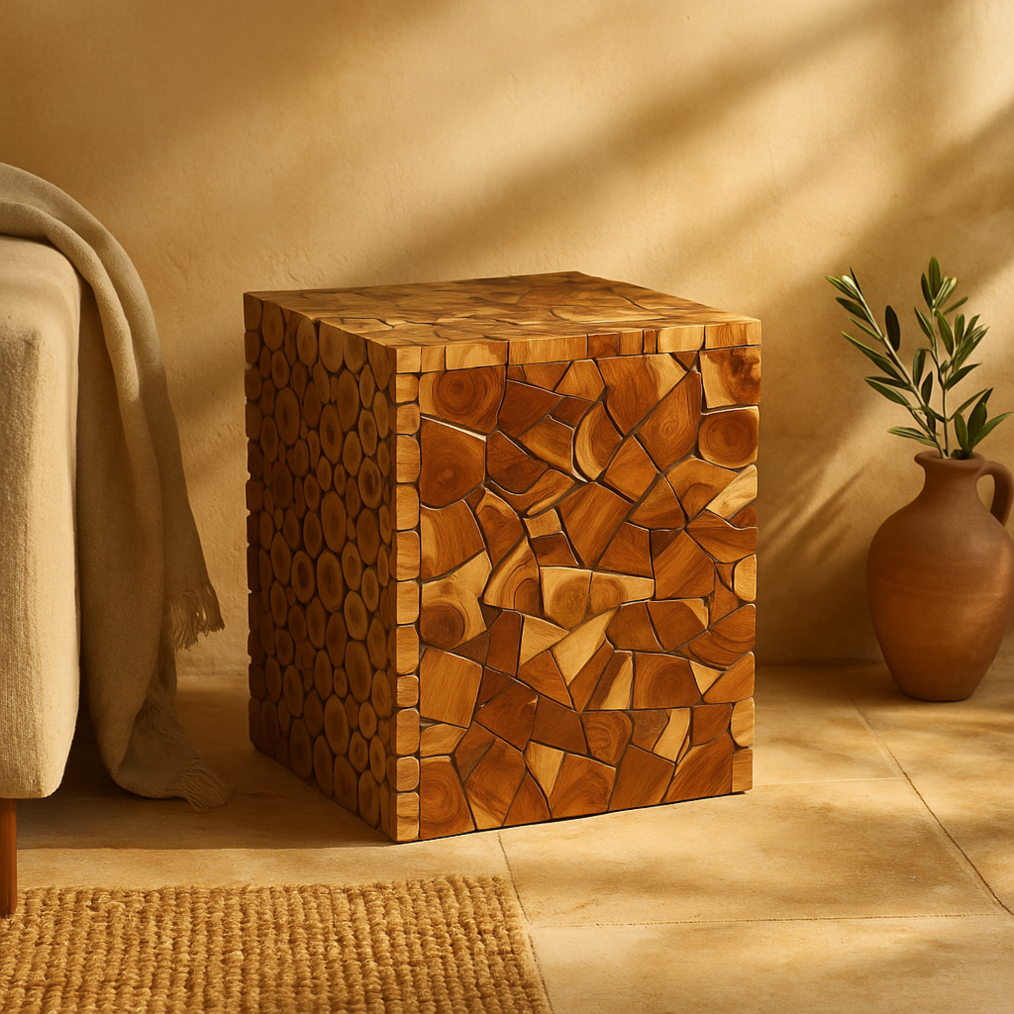 Brown Teak Wood Handmade Square Block Side End Accent Table with Mosaic Wood Chip Design