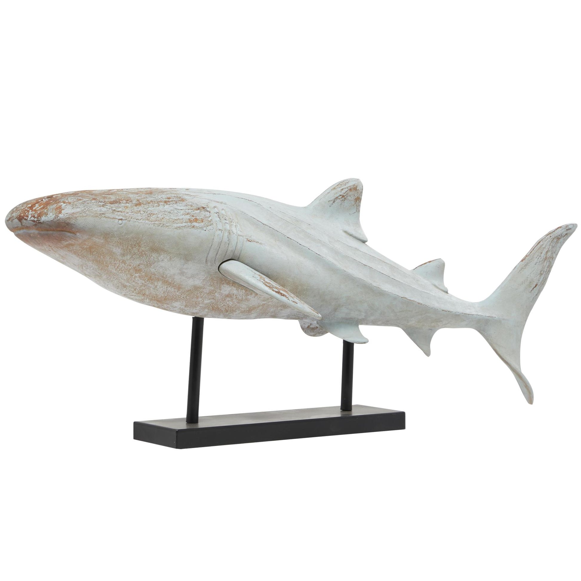 Shark Light Blue Polystone Distressed Decorative Sculpture with Brown Wood Inspired Accents and Black Stand