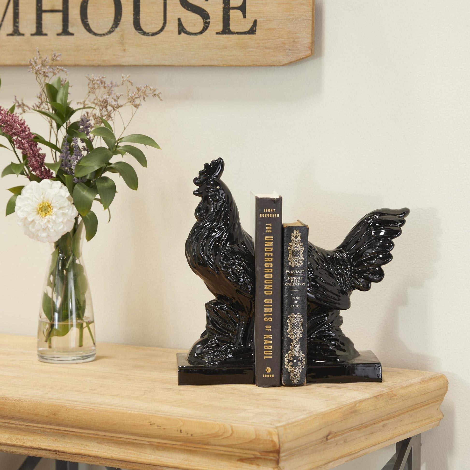 Set of 2 Rooster Black Ceramic Decorative Bookends with Enamel Exterior