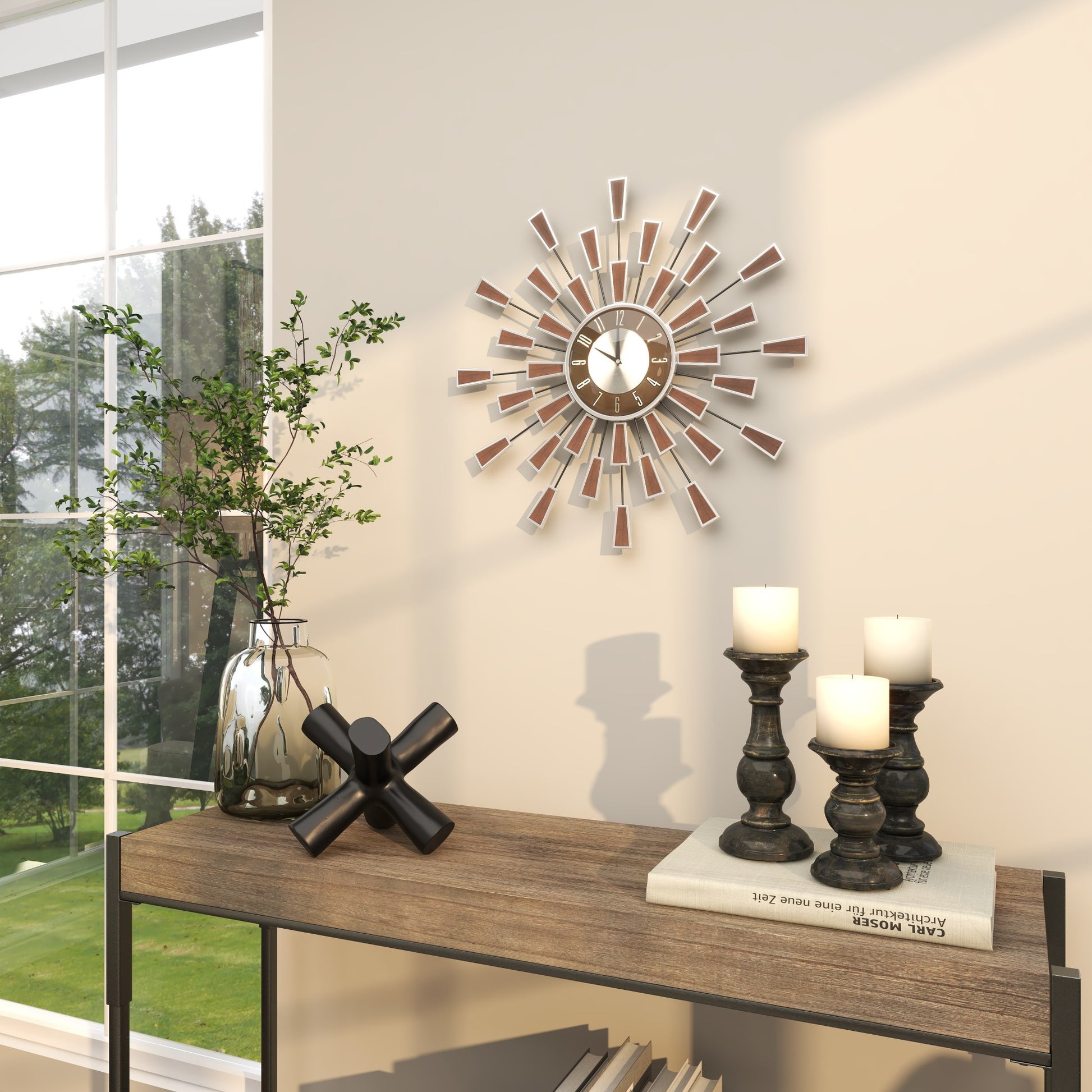 Starburst Brown Metal Starburst Decorative Wall Clock with Silver Accents