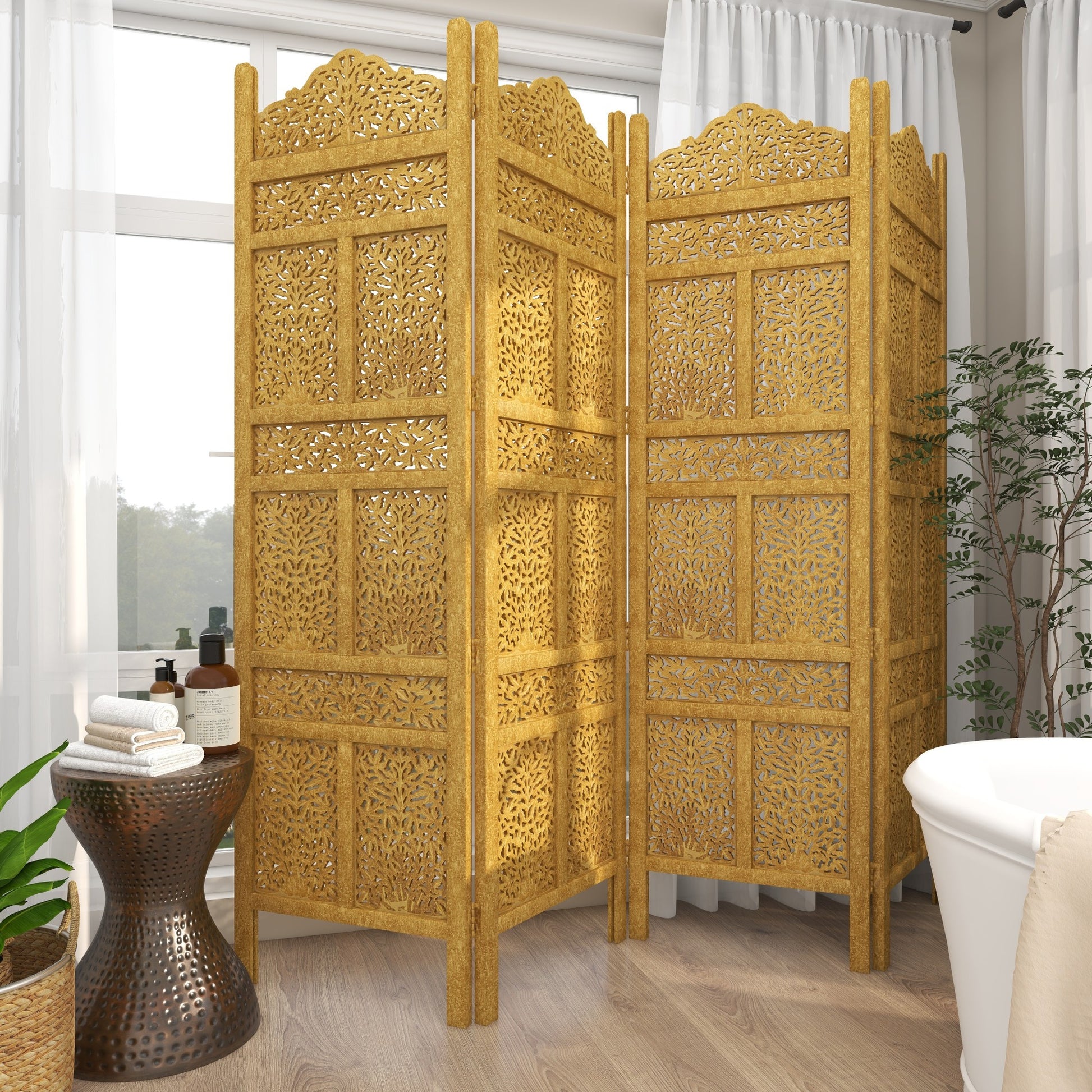 Floral Gold Wooden Handmade Foldable Partition 4 Panel Partition Room Divider Screen with Carved Designs
