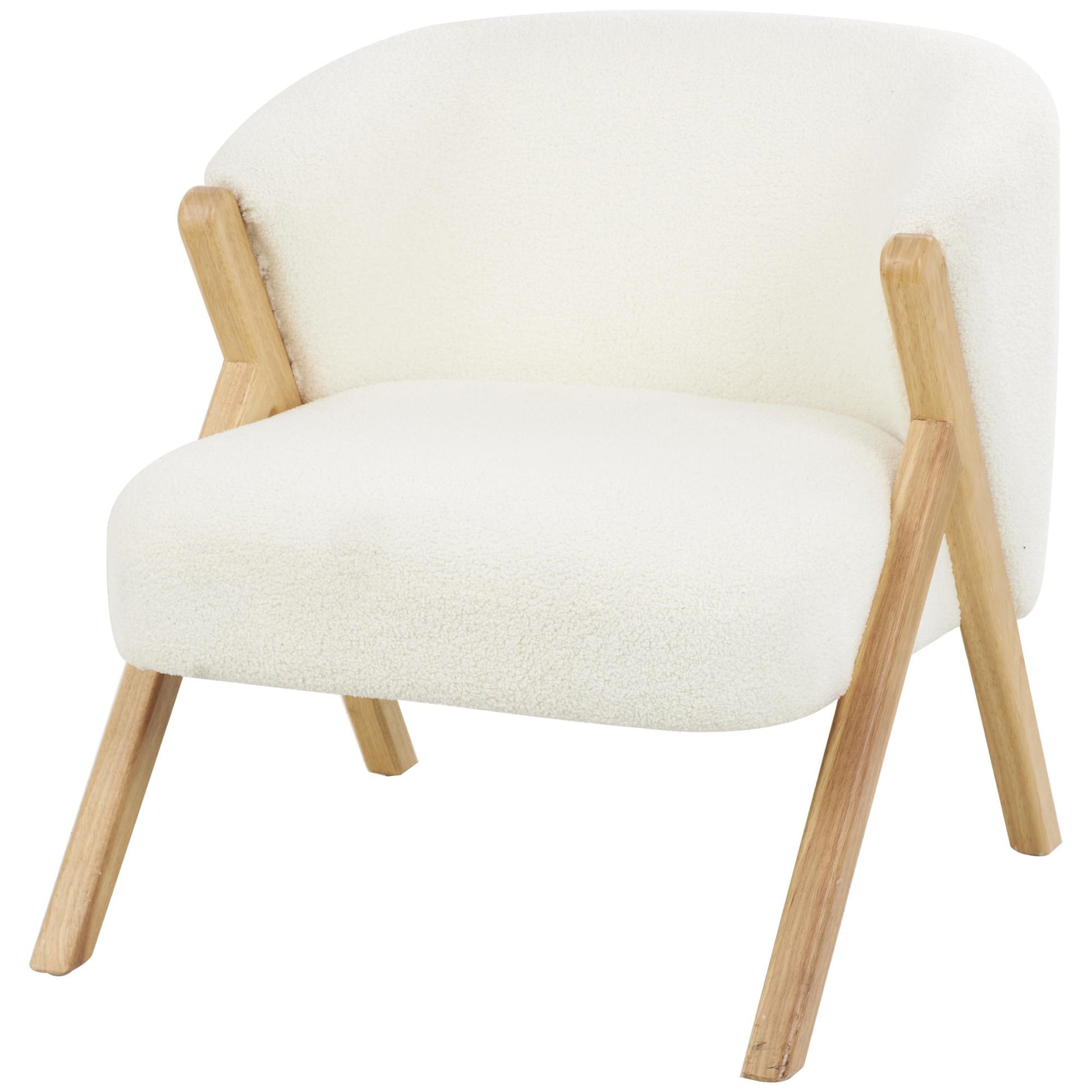 White Polyester Rounded Boucle Living Room Accent Chair with Angled Wooden Legs