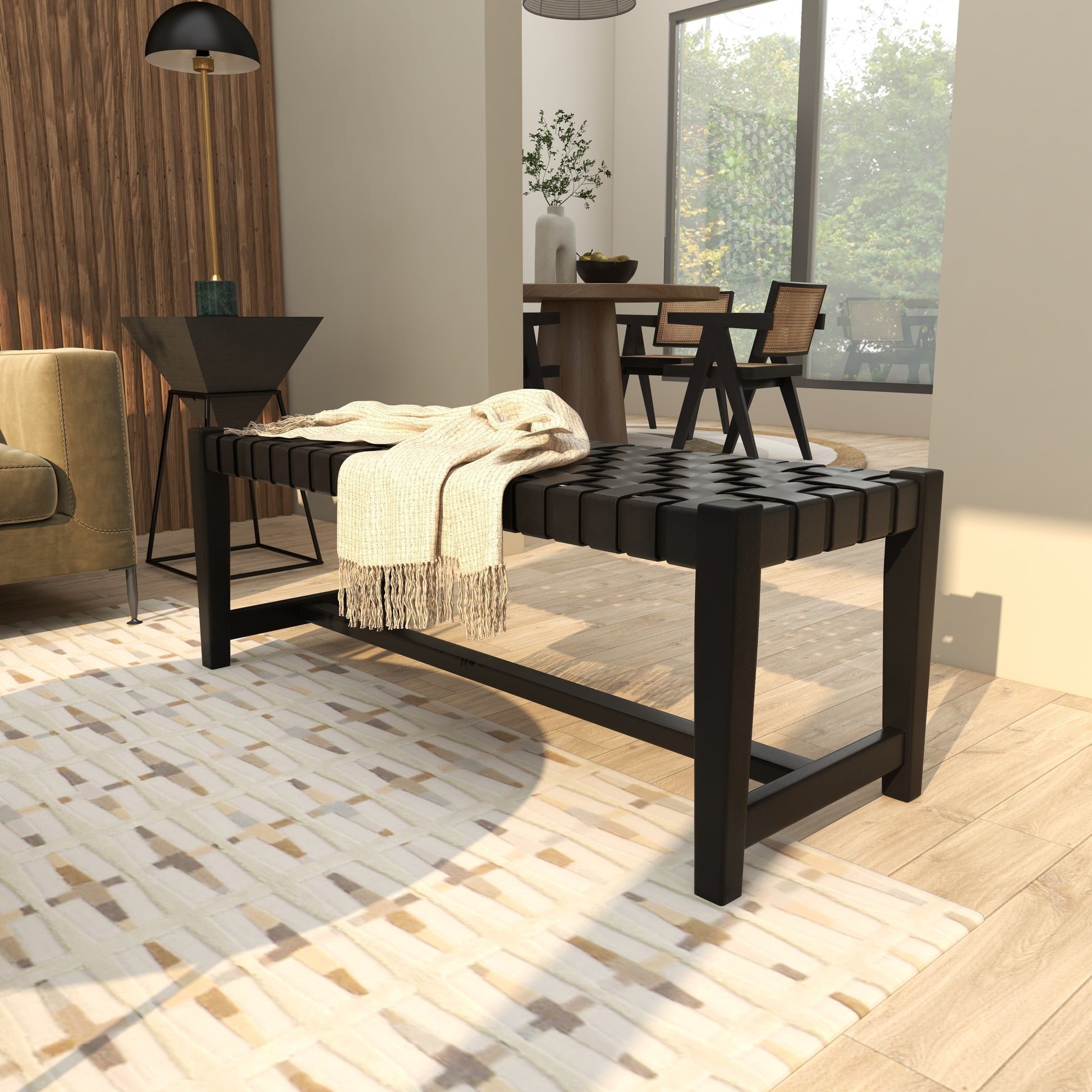 Black Leather Handmade Woven Home Bench with Teak Wood Frame