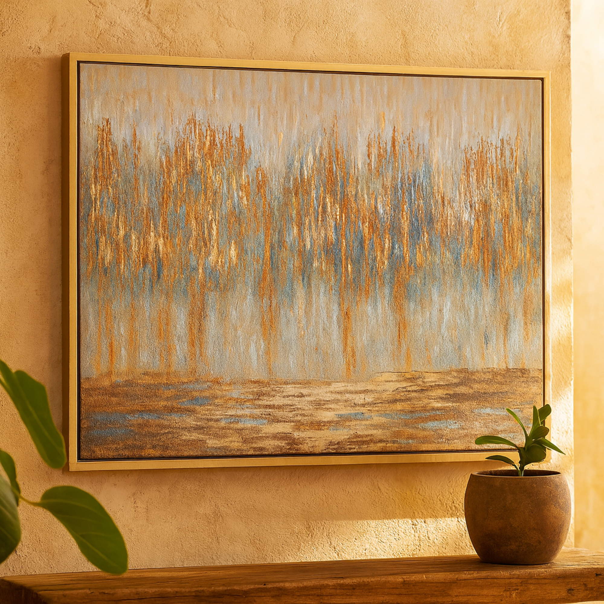 Tree Blue Canvas Abstract Living Room Framed Wall Art with Gold and Copper Accents