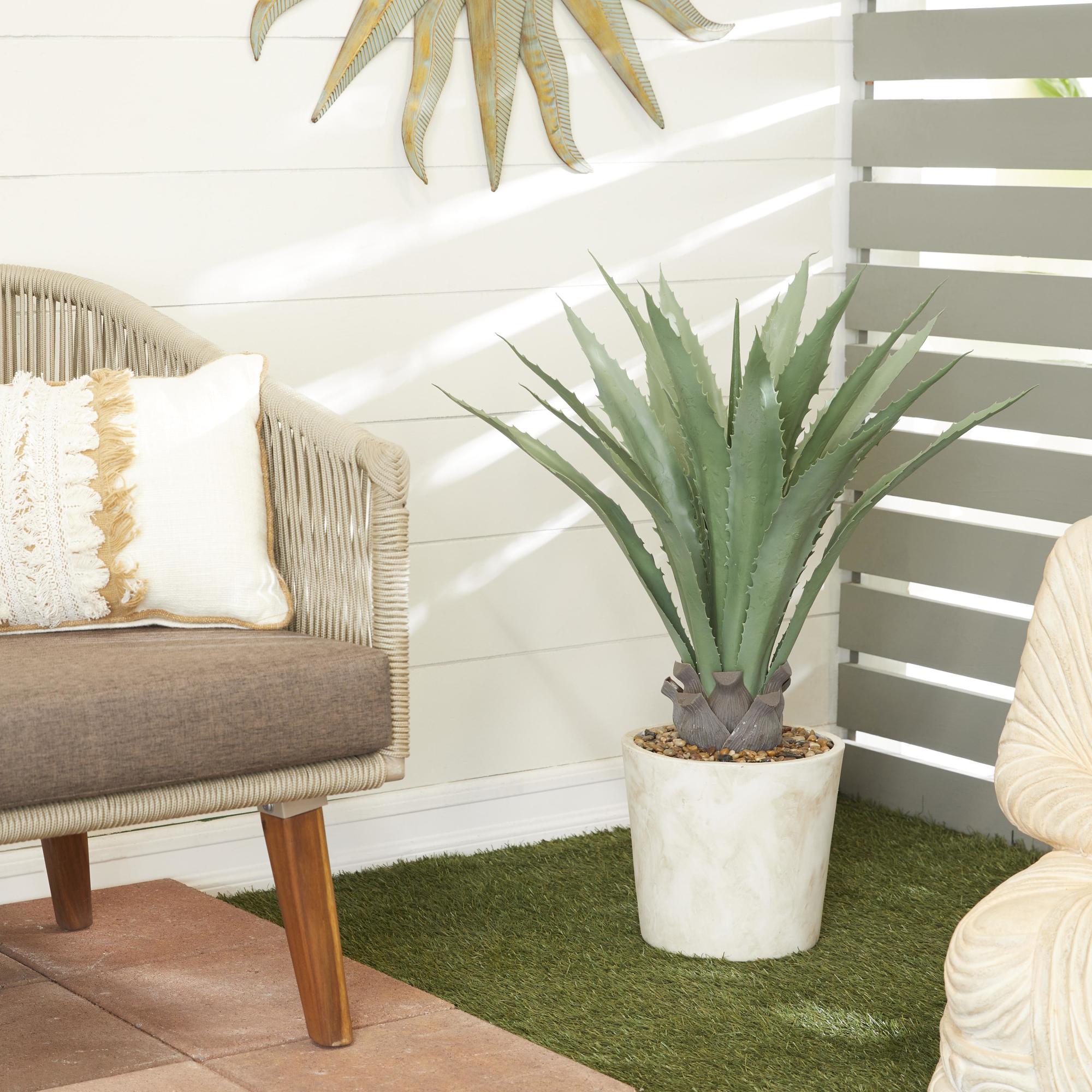 Agave Green Faux Foliage Indoor Outdoor Artificial Plant with Realistic Leaves and Beige Ceramic Pot
