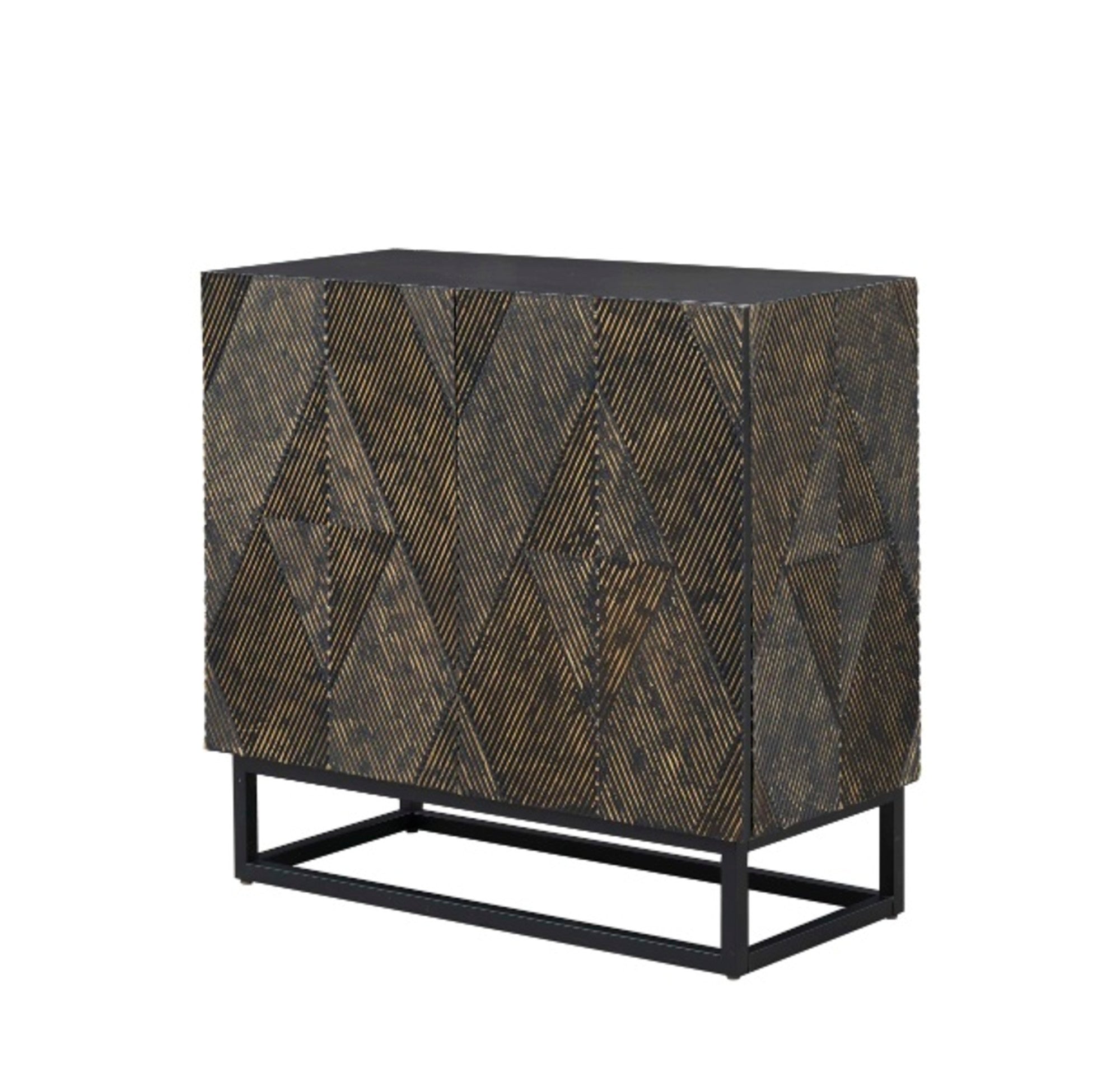 Geometric Brown Wooden Layered Diamond 2 Door Room Cabinet with Gold Accents and Black Iron Base