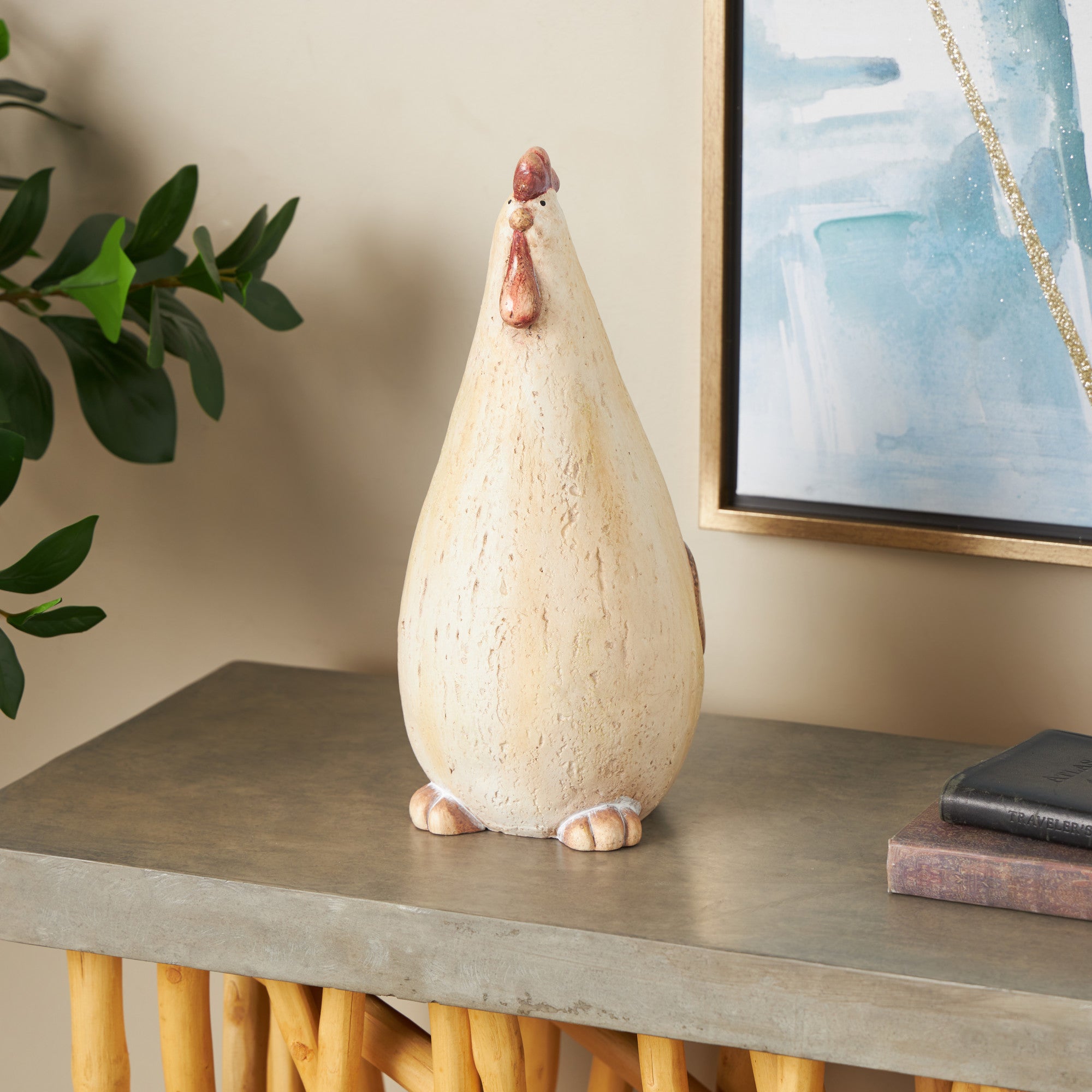Rooster Cream Magnesium Oxide Standing Decorative Garden Sculpture with Red Accents
