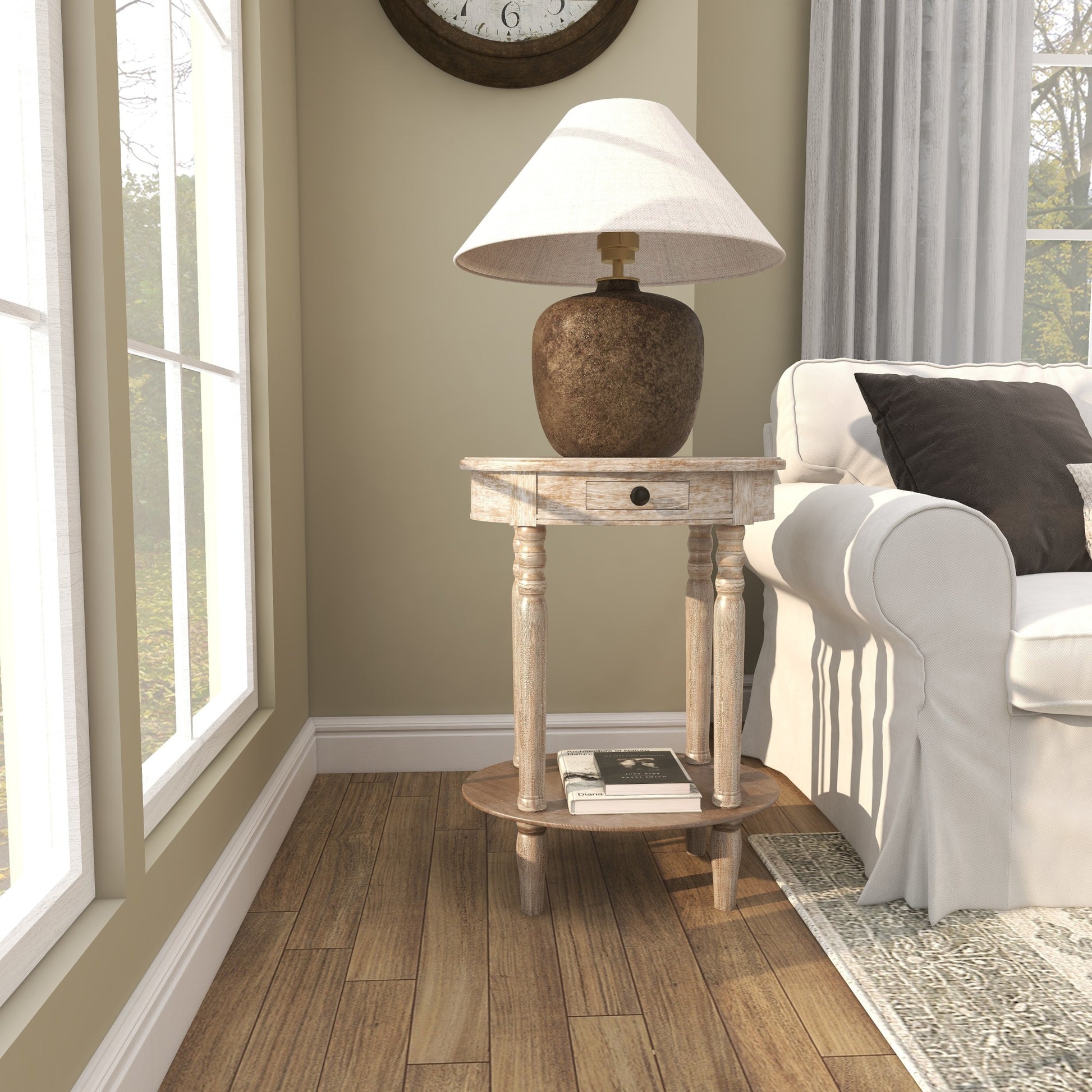 Light Brown Wood Whitewashed Oval 1 Drawer Side End Accent Table