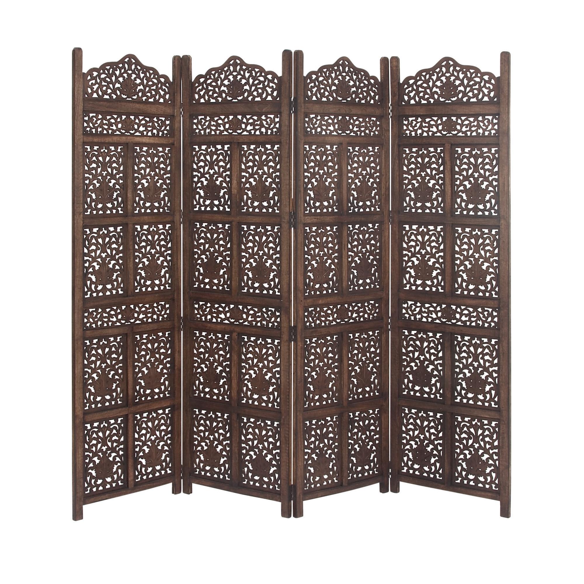 Floral Dark Brown Wood Handmade Foldable Partition 4 Panel Partition Room Divider Screen with Carved Designs