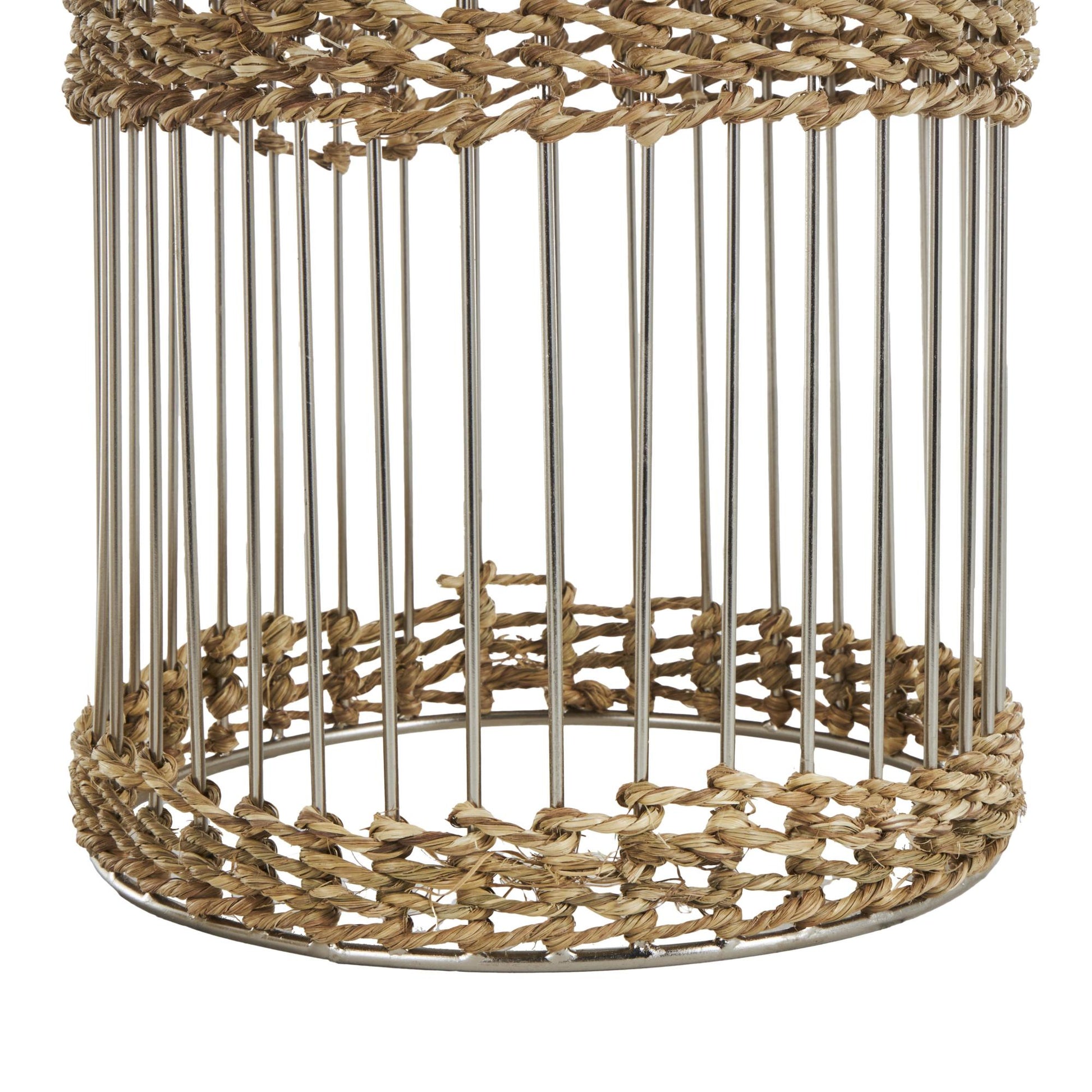 Set of 3 Metal Textured Dome Indoor Planter with Woven Seagrass and Caged Rod Pedestal Base Set of 3 32", 27", 24"H