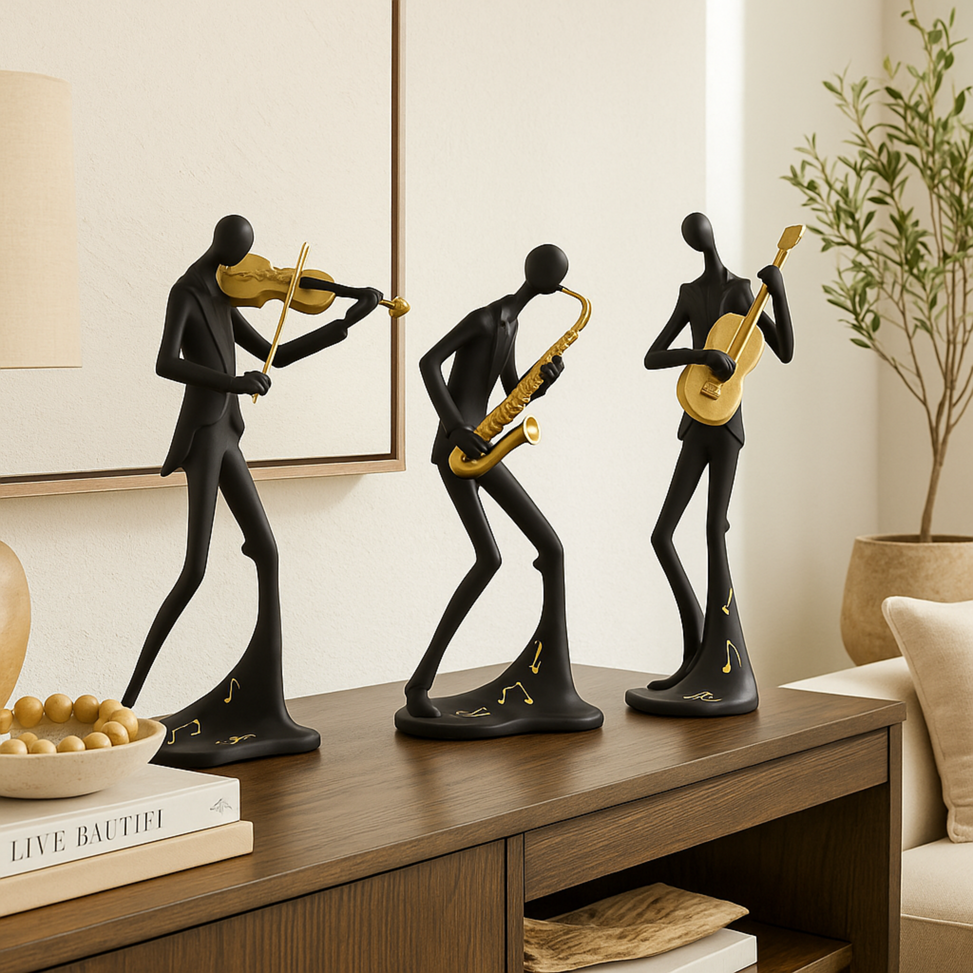 Set of 3 Musician Black Polystone Abstract Decorative Sculpture with Gold Instruments and Music Notes