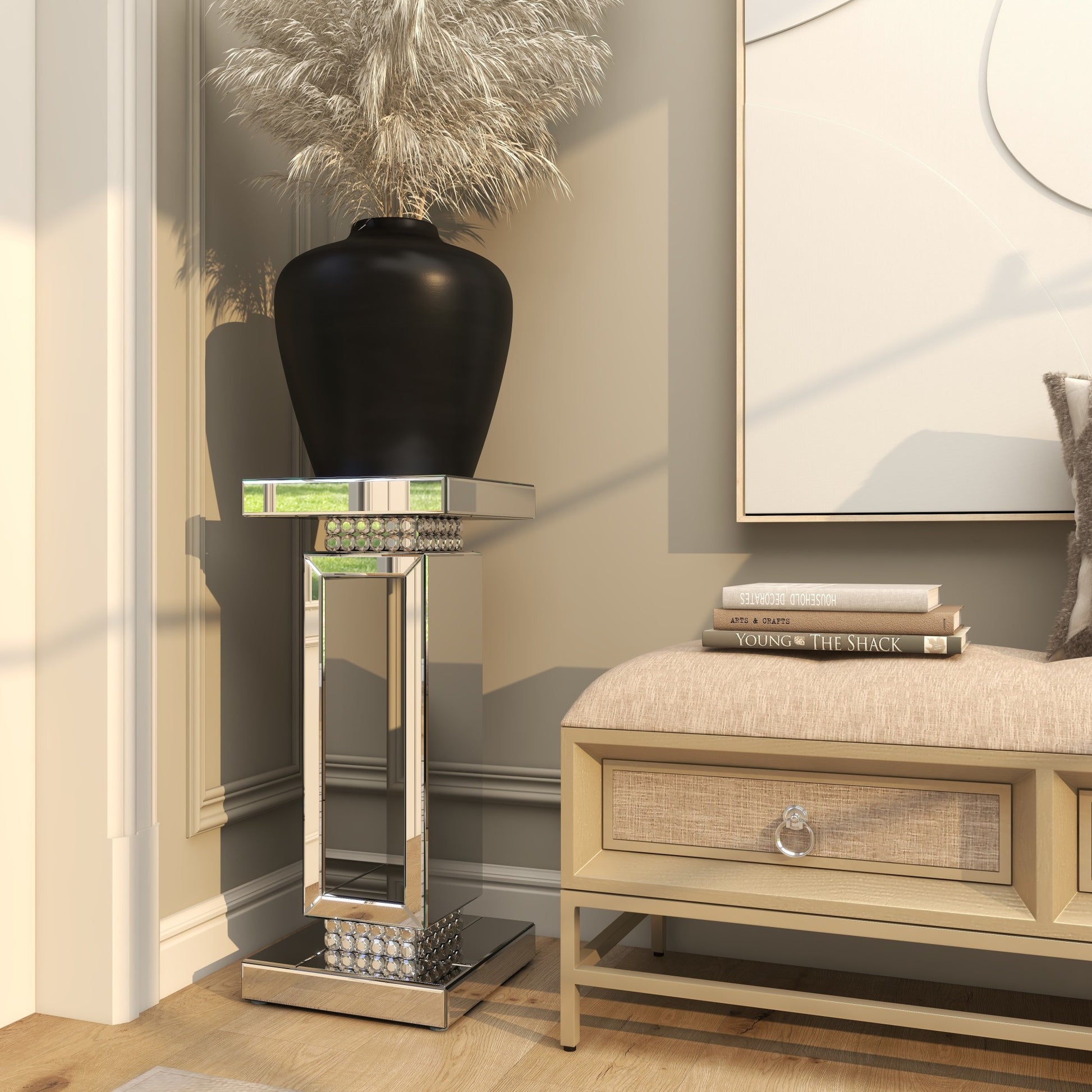 Silver Glass Mirrored Side End Pedestal Table
