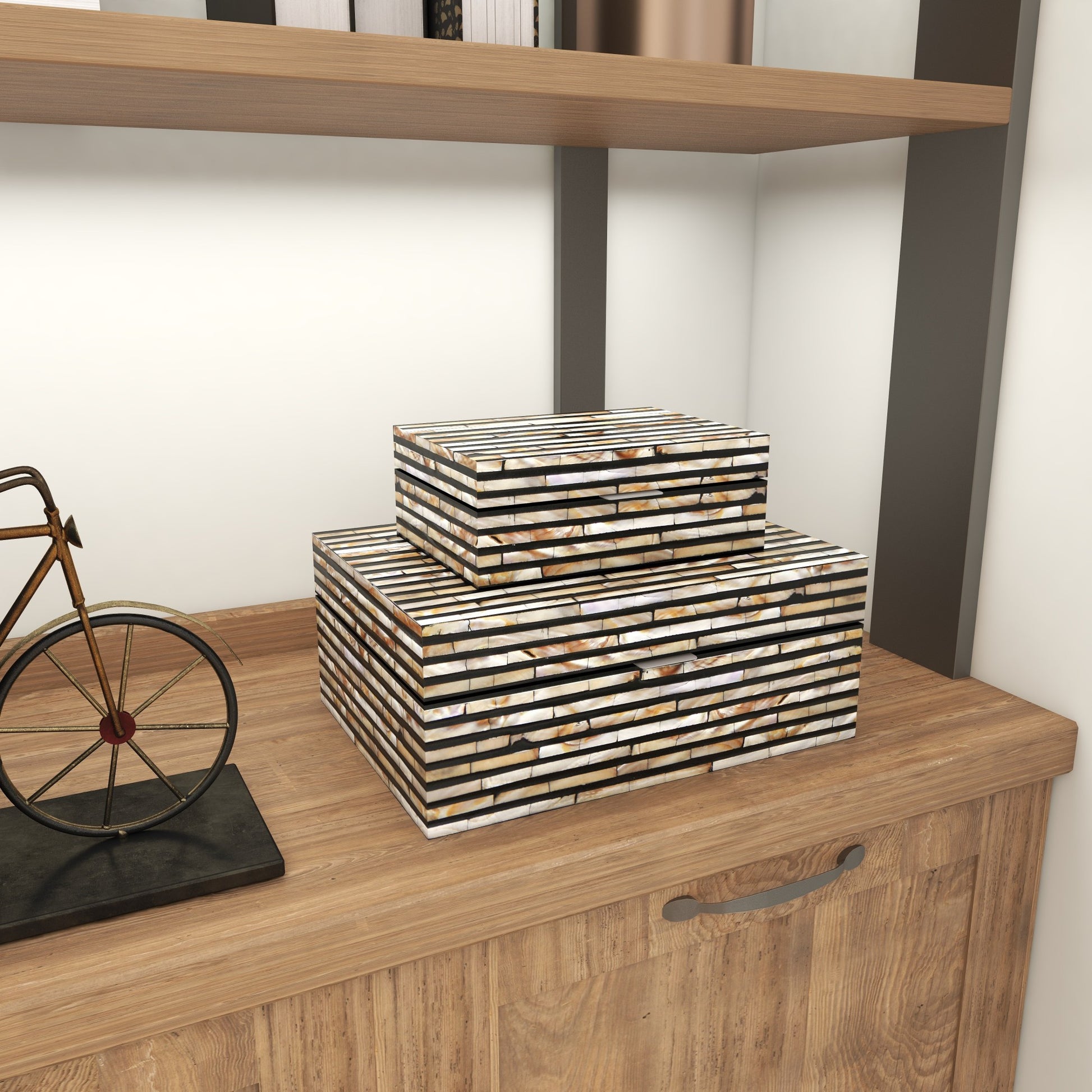 Set of 2 Beige Mother of Pearl Shell Handmade Decorative Box with Linear Mosaic Pattern and Hinged Lid