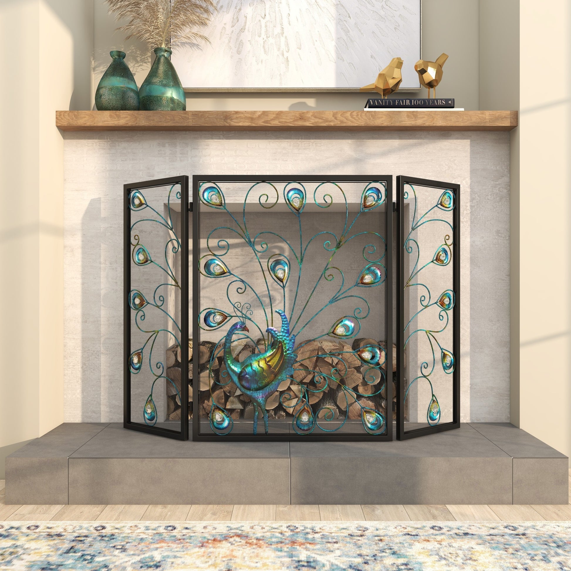 Peacock Blue Metal Rainbow 3 Panel Living Room Fireplace Screen with Crystal Accents and Black Frame