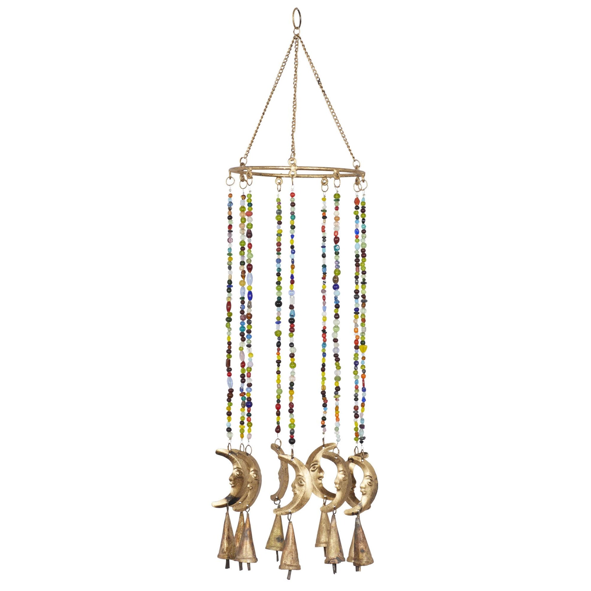 Moon Gold Metal Indoor Outdoor Windchime with Glass Beads and Cone Bells