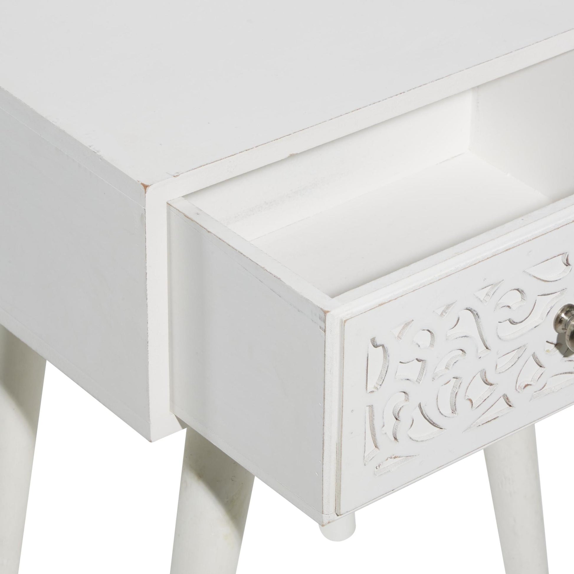 Scroll White Mango Wood Intricately Carved Single Drawer Side End Accent Table