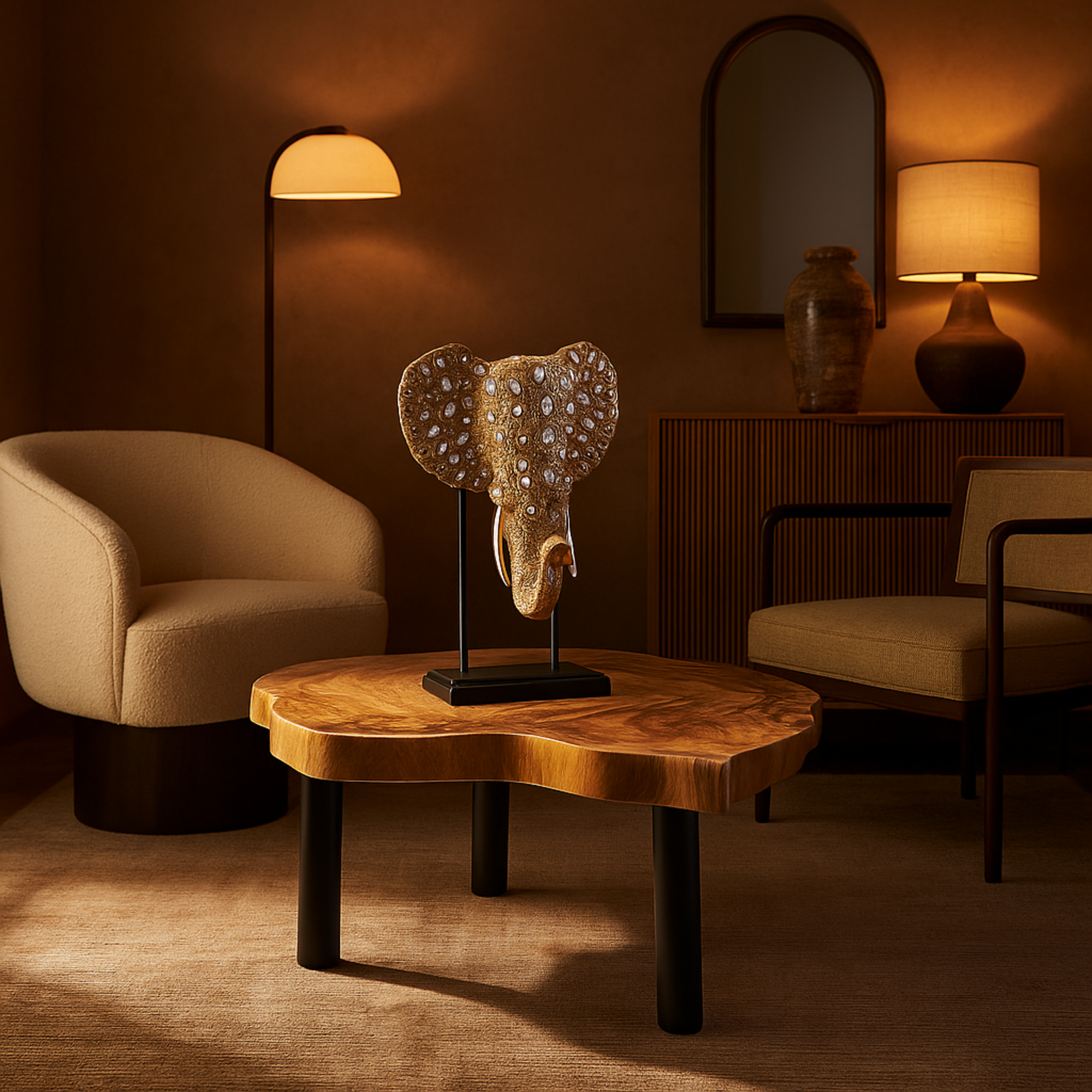 Elephant Gold Resin Beaded Decorative Sculpture with Rhinestone Accents and Black Metal Stand