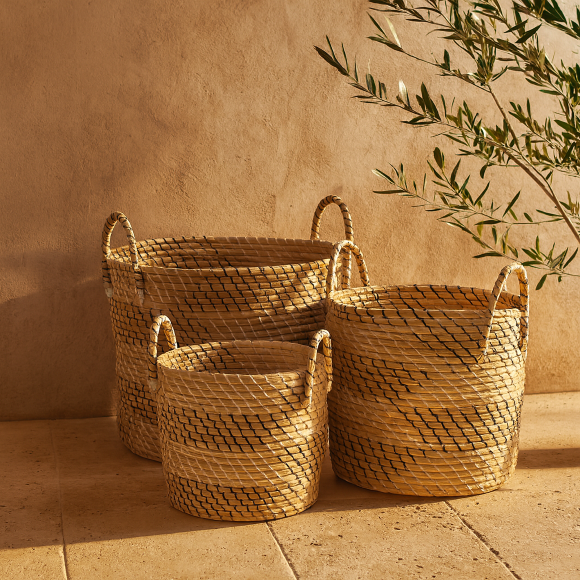 Set of 3 Beige Seagrass Handmade Woven Decorative and Functional Storage Basket with Black and White Zig Zag Pattern