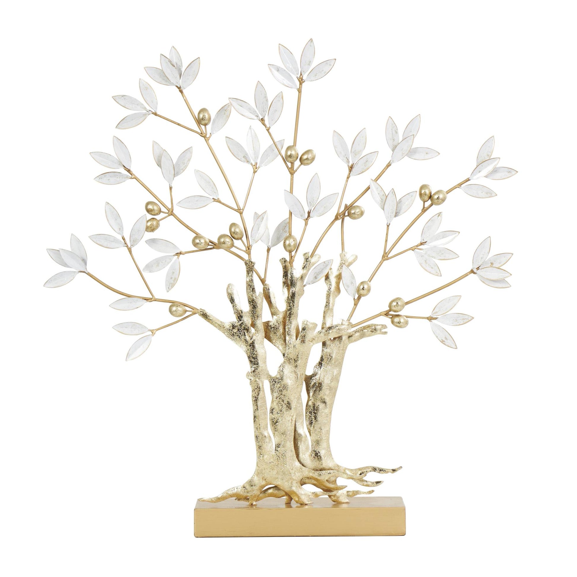 Tree Gold Metal Metallic Decorative Sculpture with White Leaves
