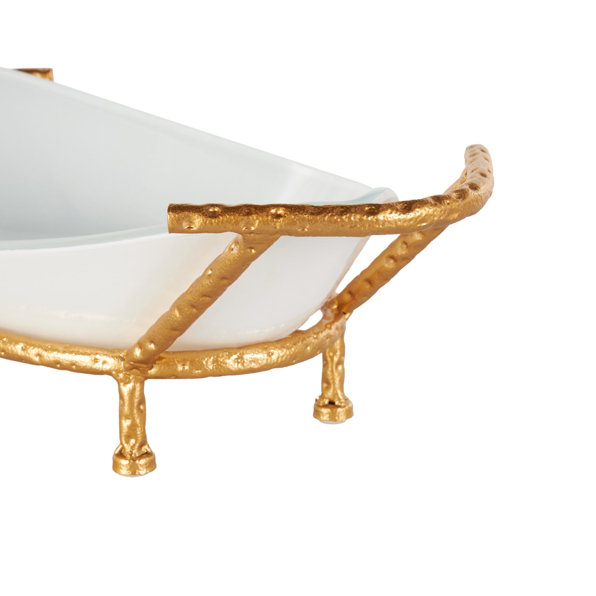 Kitchen White Tempered Glass Decorative Serving Bowl with Gold Metal Stand